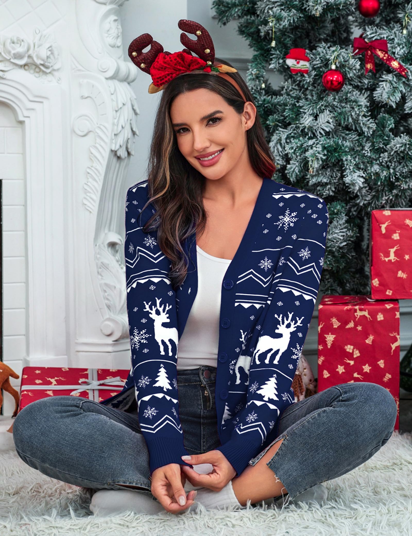 Aottori Gilet de Noël Femme Renne Boutons Manches Longues Maille Tricotée