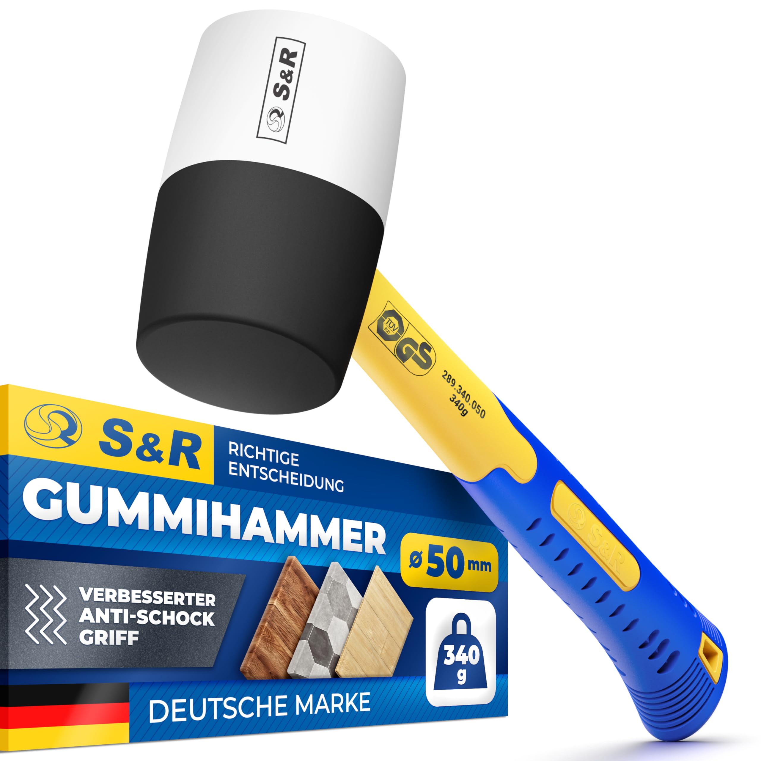S&R Gummihammer Pflasterhammer Schwarz/Weiß 340g Profi Naturkautschuk, Fiberglasstiel rutschfest stoßdämpfend ⌀ 50mm, Schonhammer Pflastersteine, Fliesen Klinker Camping, GS geprüft Vollgummihammer