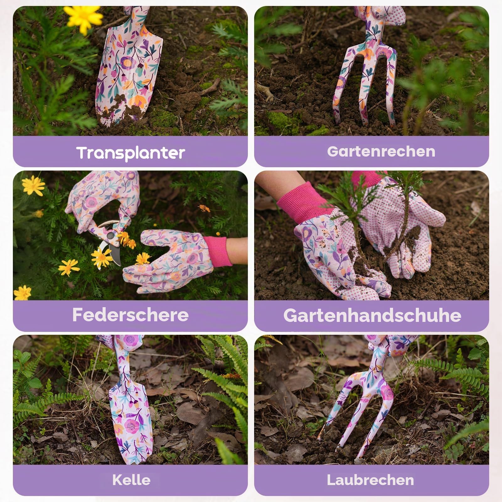 Velway Gartenwerkzeug Set 7-TLG – Gartengeräte mit Blumenmuster & Geschenkbox, inkl. Handschuhe, Schaufel, Schere, ideales Gartengeschenk für Damen, Muttertag, Geburtstag, Weihnachten