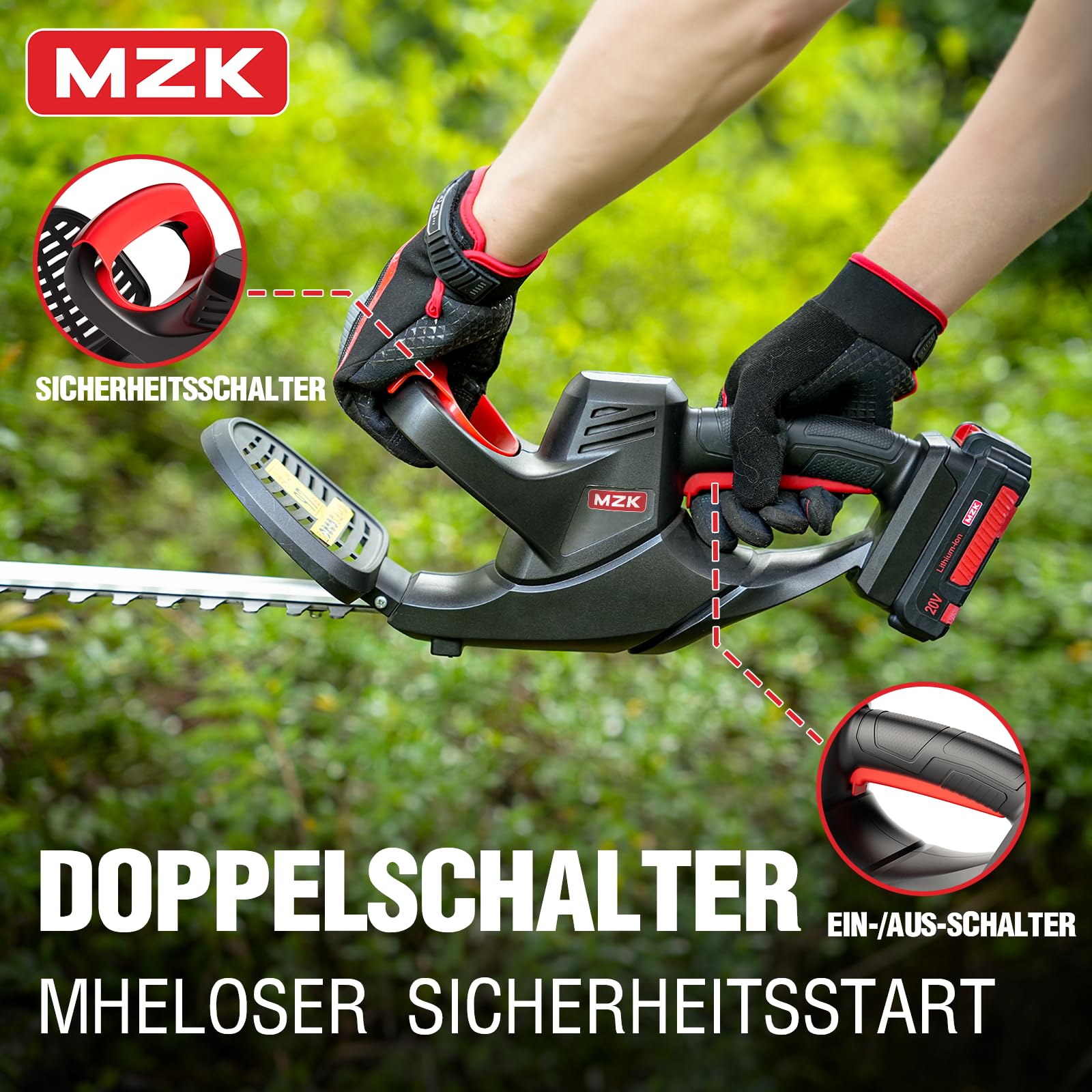 MZK 20V Akku-Heckenschere, 56 cm Schnittlänge, Heckenschneider und Strauchschere, Leicht & Kompakt (inkl. Akku und Ladegerät)