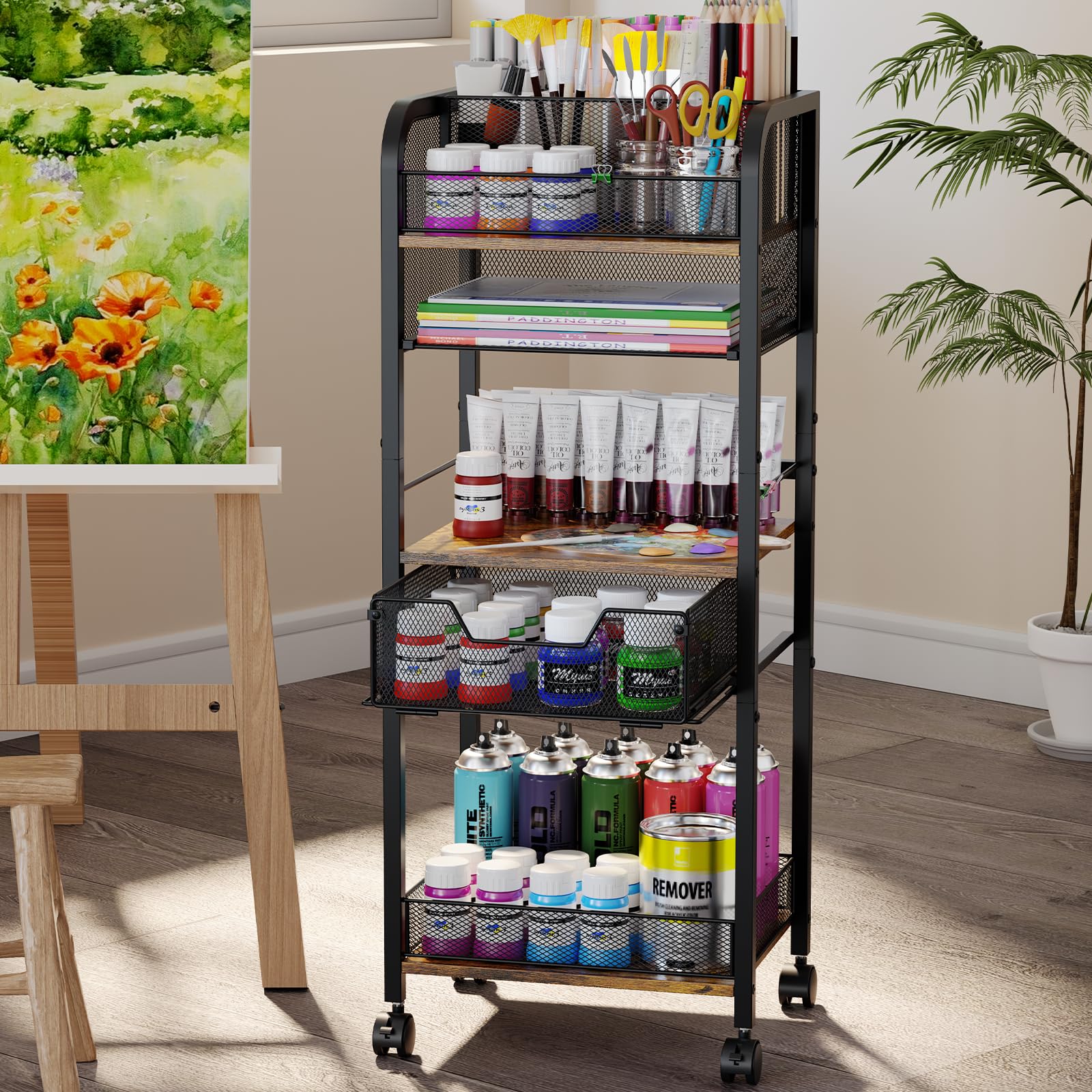 5-Tier Metal Rolling Utility Cart with Drawer, Craft Storage Cart with DIY Divider and Lockable Wheel, Versatile Paint Brush Holder & Paint Organizer & Craft Organizers and Storage for Drawing Room