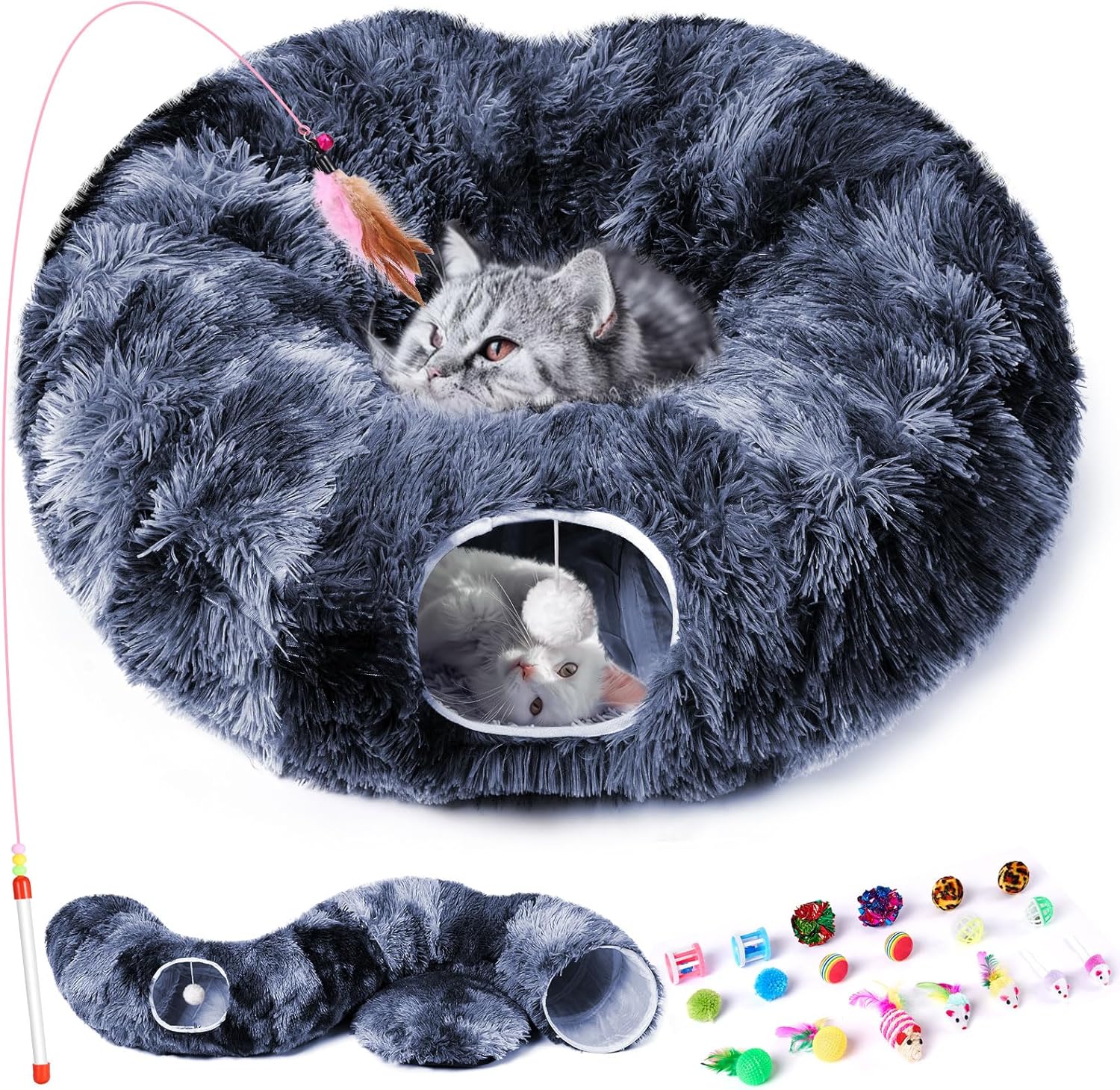 Odoland Cat Tunnels for Indoor Cats with Fluffy Plush Central Cat Couch and 20 Cat Toys, Tunnel Bed for Cats with Hanging Ball, Detachable Soft Mat and Variety Kitty Toy Set Blue