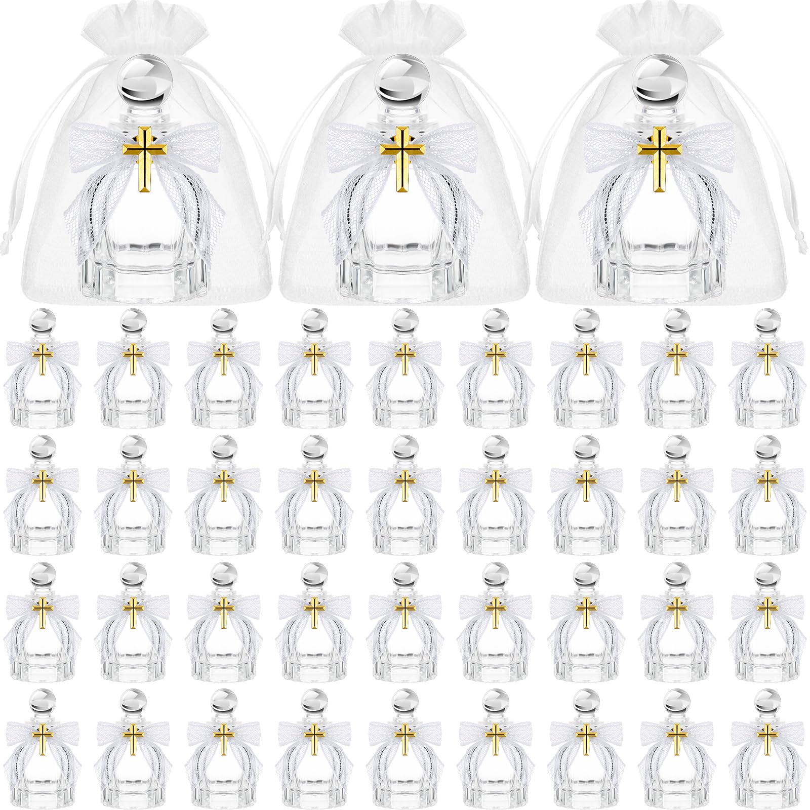 Newtay Holy Water Bottles Catholic Bulk Glass Baptism Favors for Guests Christian Water Container with Cross Organza Bags Bow for Holy Communion Gifts Church Wedding Baptism(White,48 Set)