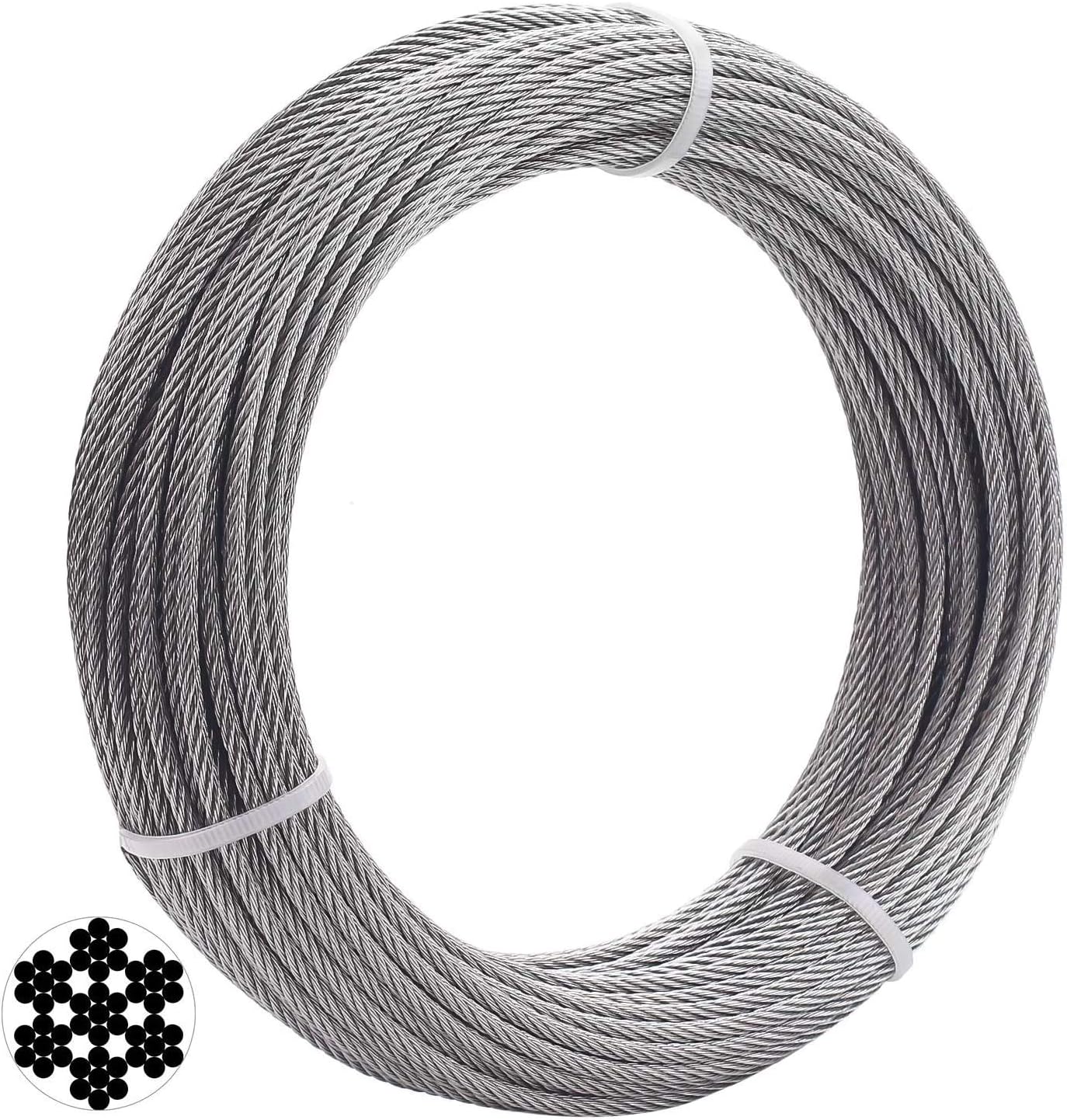 1/8 Inch T316 Marin Grade Stainless Steel Aircraft Wire Rope Cable for Railing, Decking, DIY Balustrade, 7x7 Construction, 100 Feet