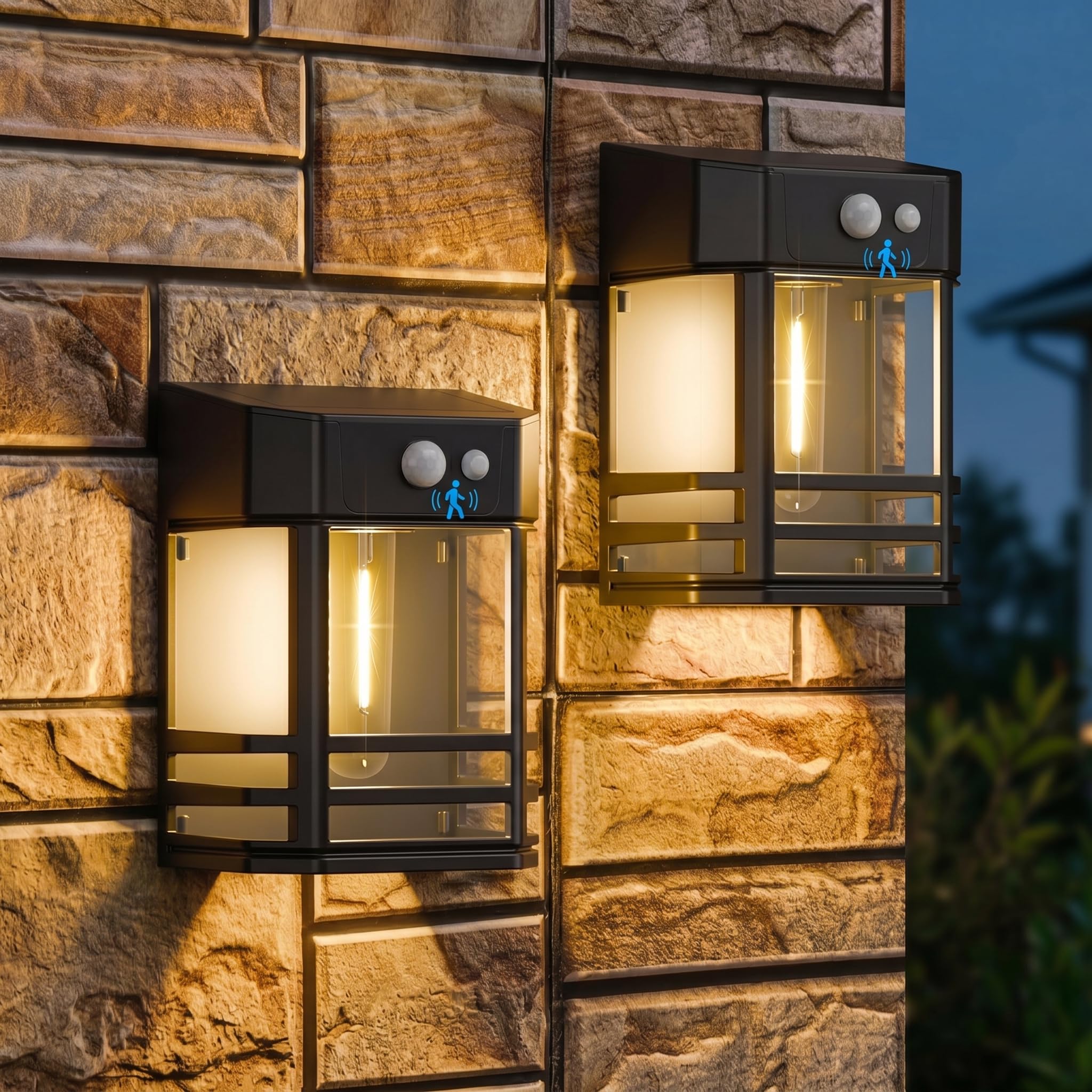 btfarm 2 Pack Solar Wall Lights Outdoor with Motion Sensor, 3 Modes Retro Garden Fence Lights, IP65 Waterproof Deck Solar Security Lighting for Porch Patio Gate Yard Decoration, Warm White