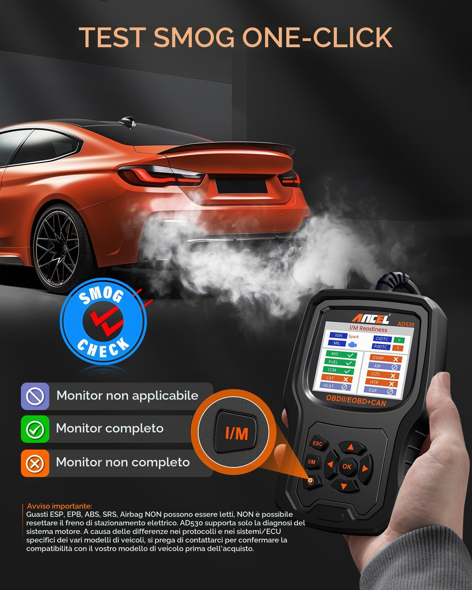 ANCEL AD530 Lettore di Codice OBD2 Controlla lo Strumento di Scansione della Luce del Motore Dell'auto Strumento di Scansione del Sensore O2 EVAP Scanner con Funzioni OBD2 Complete