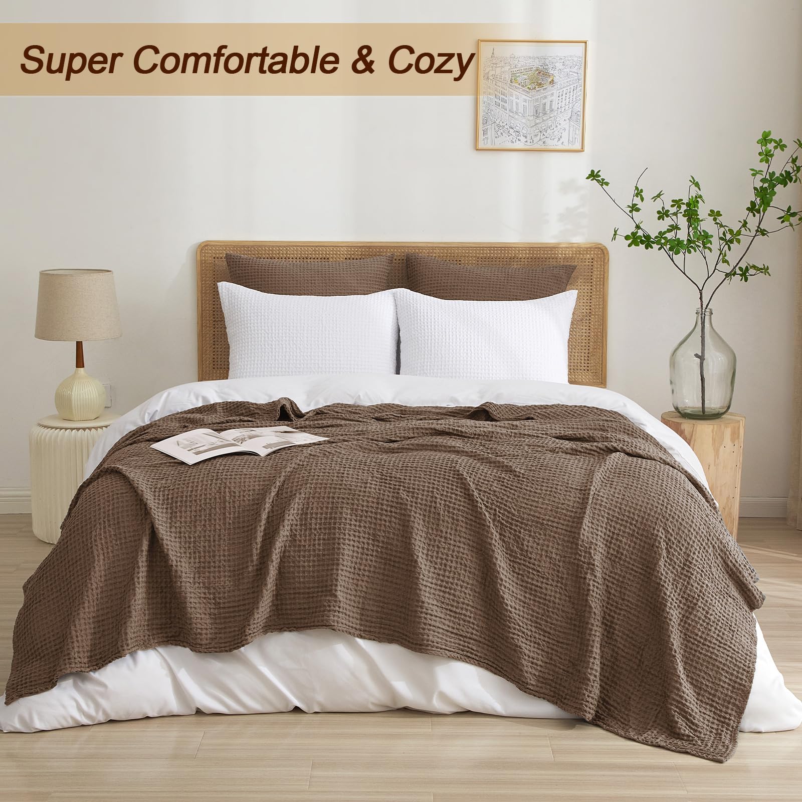 PHF Ultra Soft Waffle Weave Blanket King Size 104"x 90"- Washed Lightweight Breathable Cozy Woven Blanket for All Season - Great for Couch Bed Sofa Home Car - Cocoa Brown