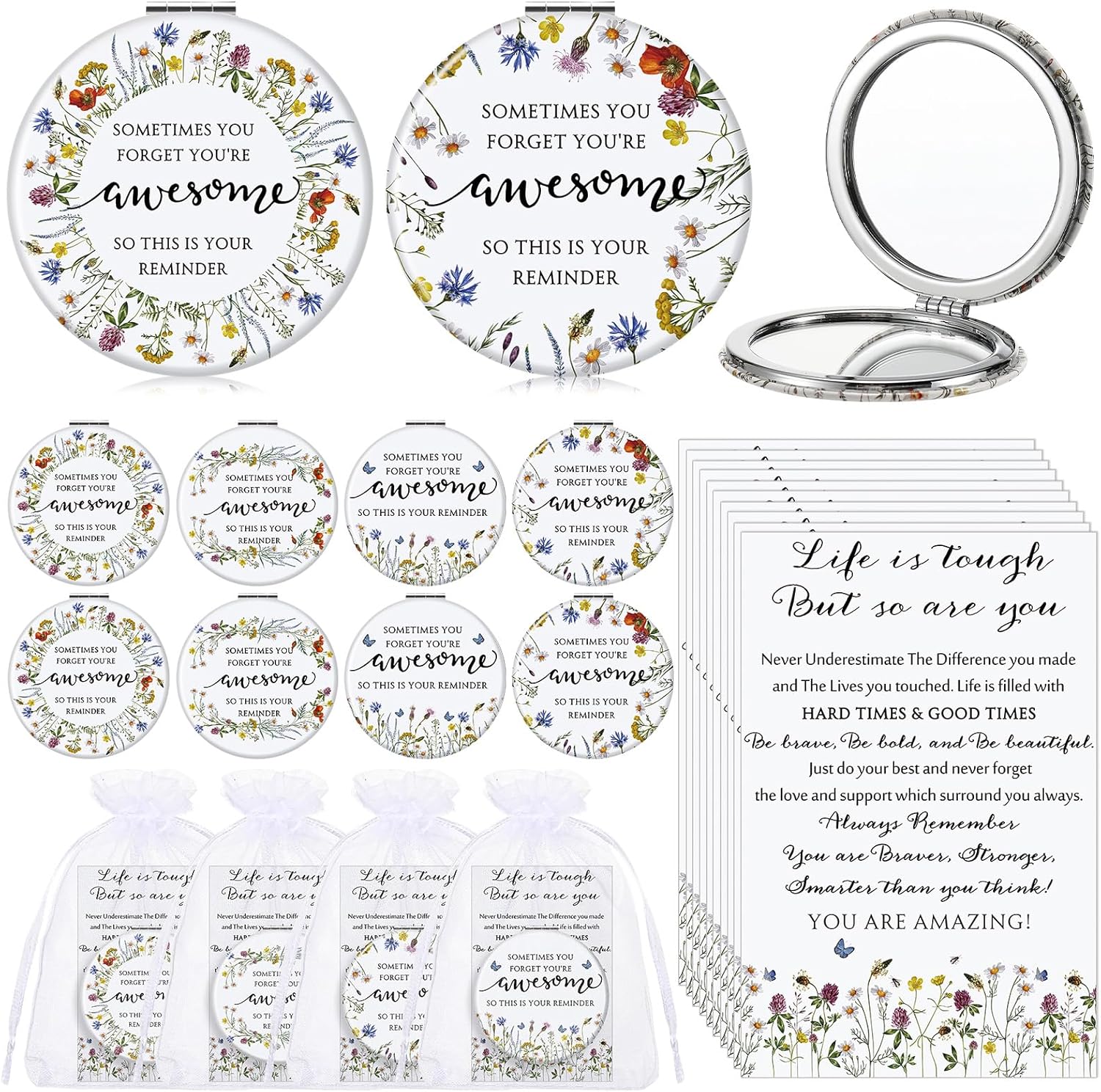 Geetery 24 Sets Inspirational Compact Mirror Gifts for Women Bulk Small Flower Makeup Pocket with Card Bag Double Sided Folding Mirror for Social Worker Wedding Return Bridal Shower, 4 Styles