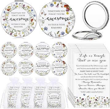Geetery 24 Sets Inspirational Compact Mirror Bulk Gift for Women Mini Double Sided Folding Mirror with Card Employee Appreciation Gift for Nurse Social Coworker Teacher Volunteer Wildflower