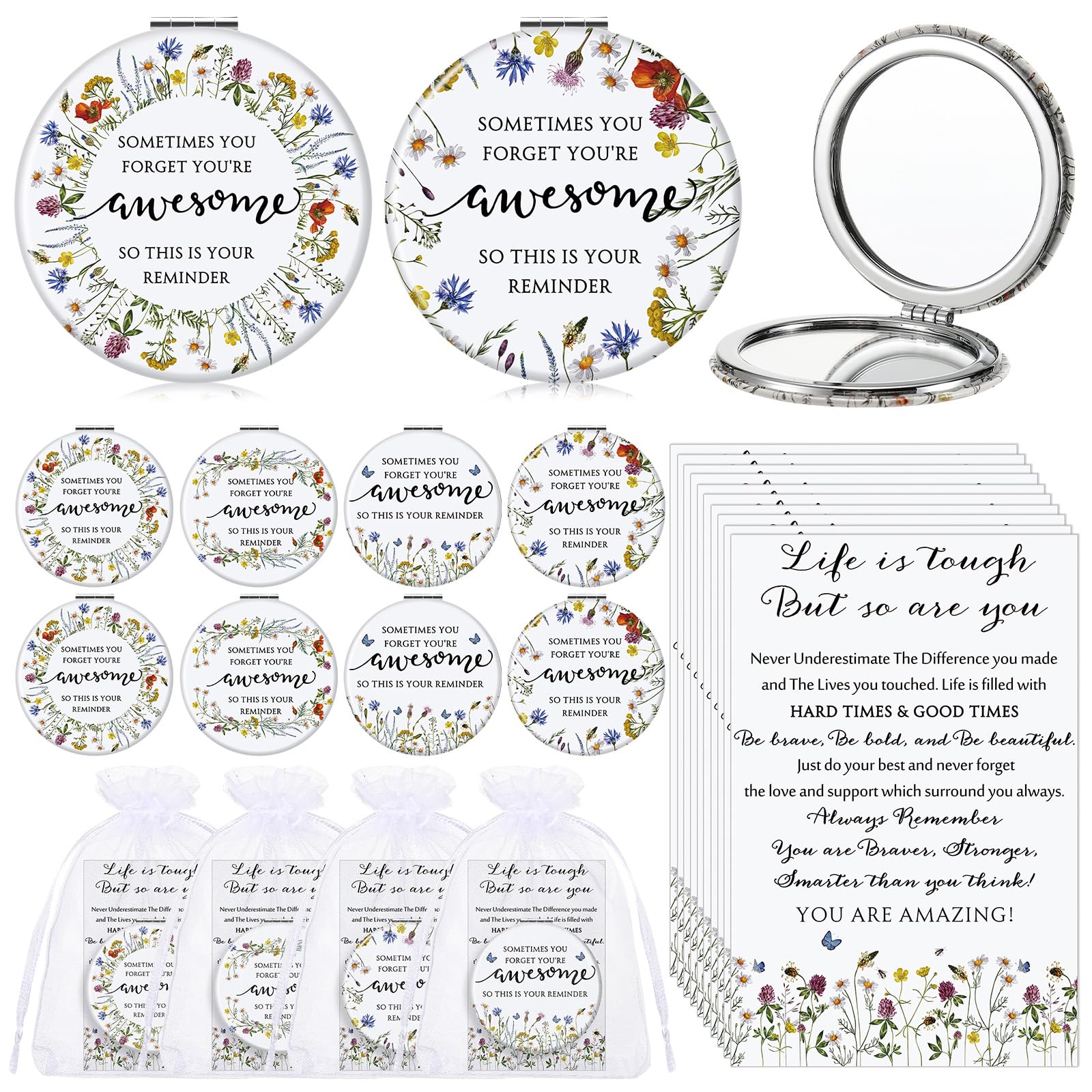 Geetery 24 Sets Mother's Day Inspirational Compact Mirror Bulk Gift for Women Mini Double Sided Folding Mirror with Card Employee Appreciation Gift