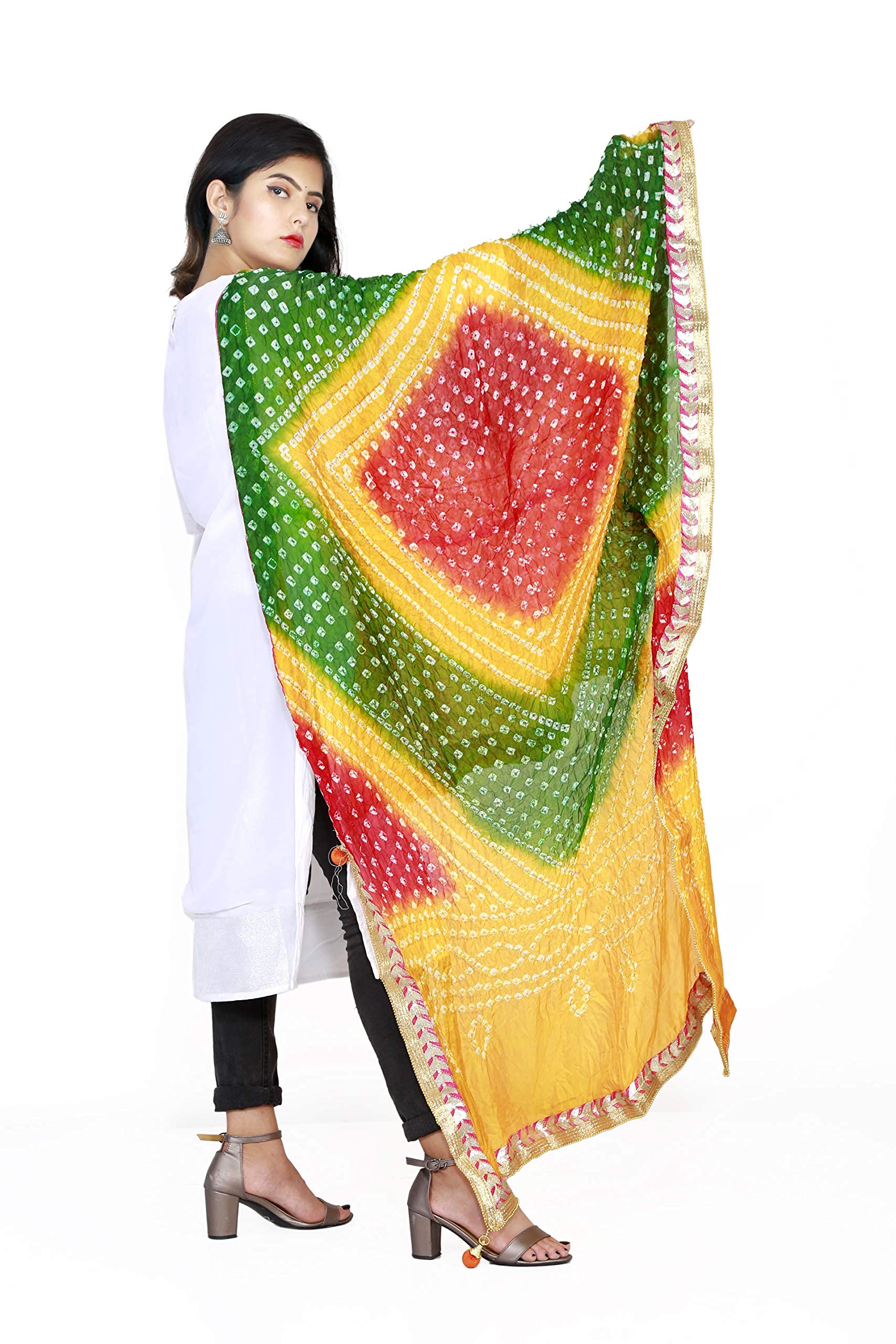 PK HUB Women's Jaipuri Rajasthani Silk Bandhani Bandhej Multi-Colored Heavy Dupatta With Gota Work And Latkan