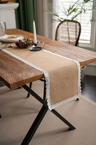 Miniatura 6 de Camino de mesa de yute natural rústico para mesa de comedor de granja con dobladillo de encaje para boda, fiesta, camino de mesa lavable, camino de