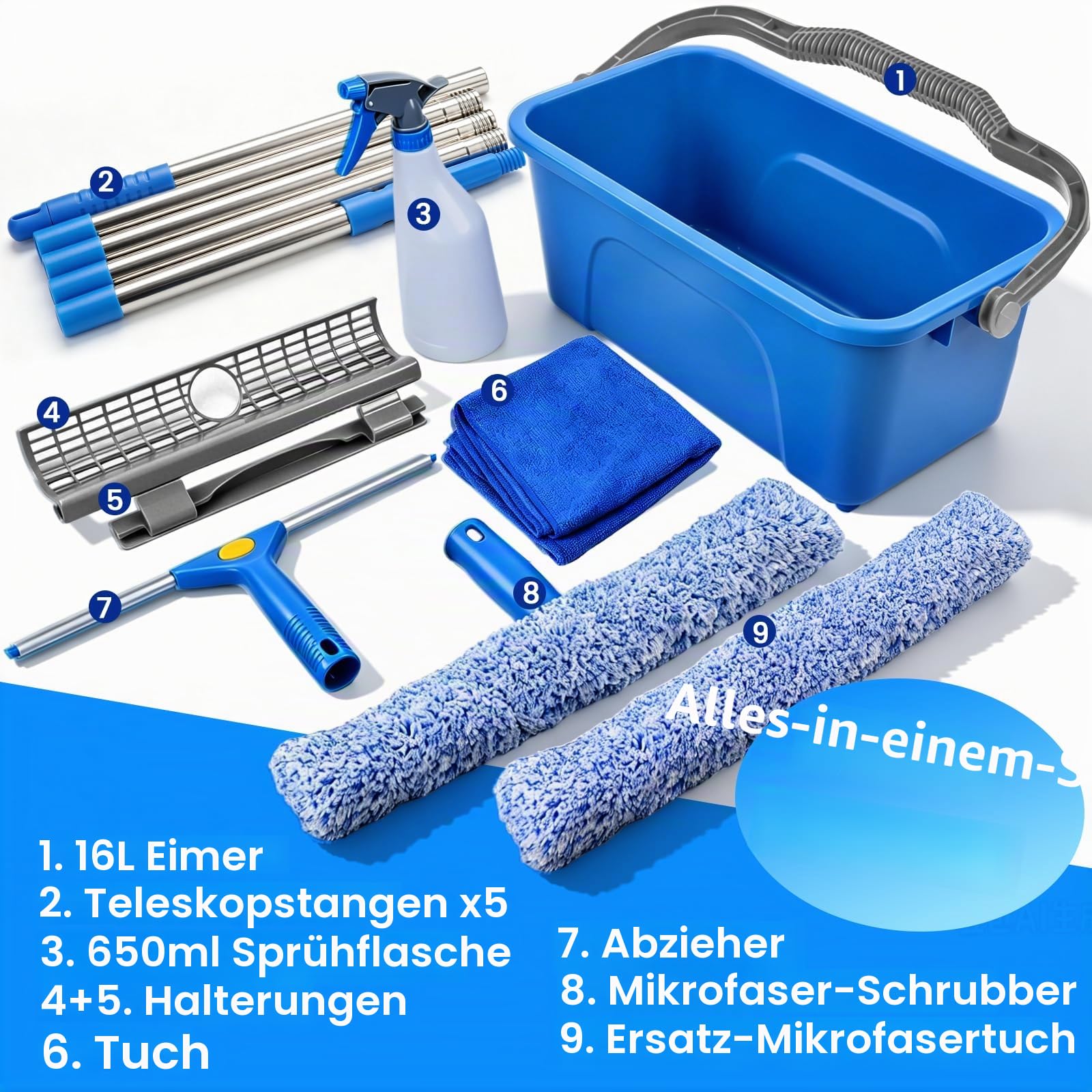 ddLUCK Fensterputzer Set mit 16L Eimer und Reinigungsset für Hohe Fenster