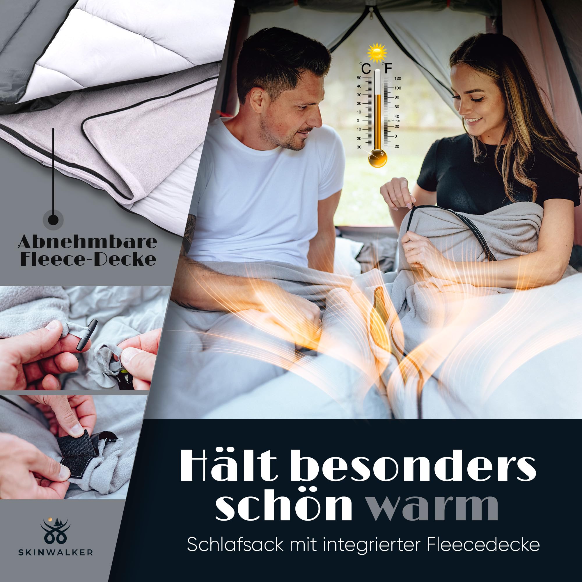 SkinWalker Schlafsack [Kleine Größe bis 1,70m Körpergröße] 3-4 Jahreszeiten mit abnehmbaren Fleece + Kopfkissen [-15°C bis +20°C] Deckenschlafsack Schlafsack Camping, Sleeping Bag Jugendliche