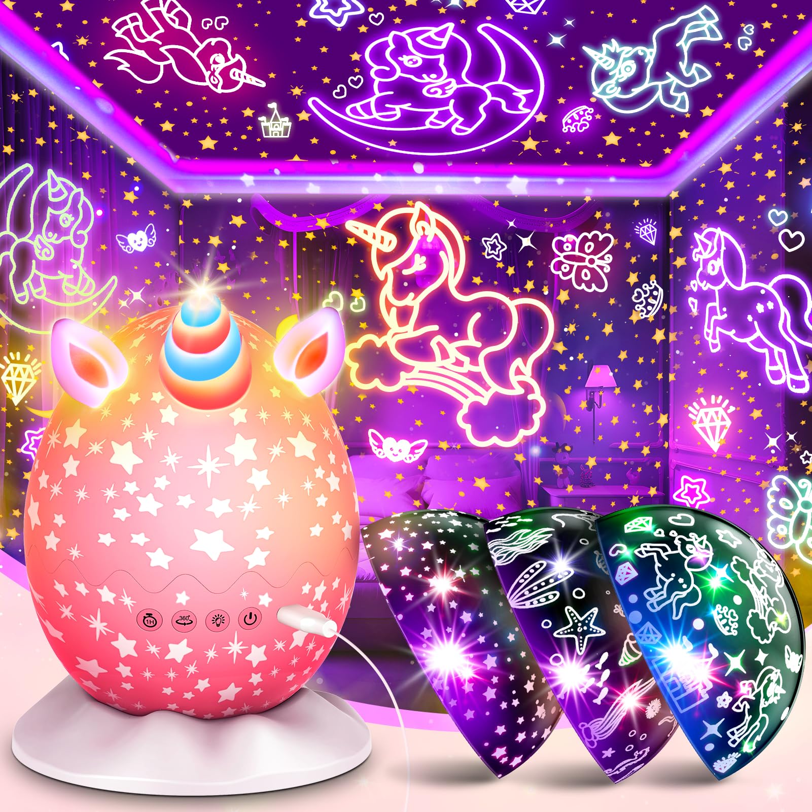 Luce Notturna Unicorno Con Proiettore Stelle - Regalo Magico Per Bambini 2-8 Anni - Foto 3