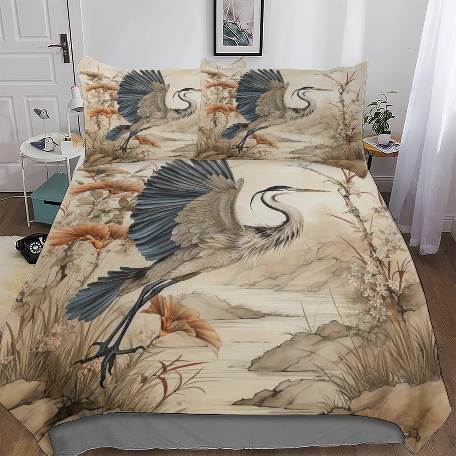 GGJJTT Crane Bedding Quilt Cover 3 Pieces Sets Soft Duvet Cover Comfortable Duvet Cover with Pillowcases For Boys Girls Double 200x200cm