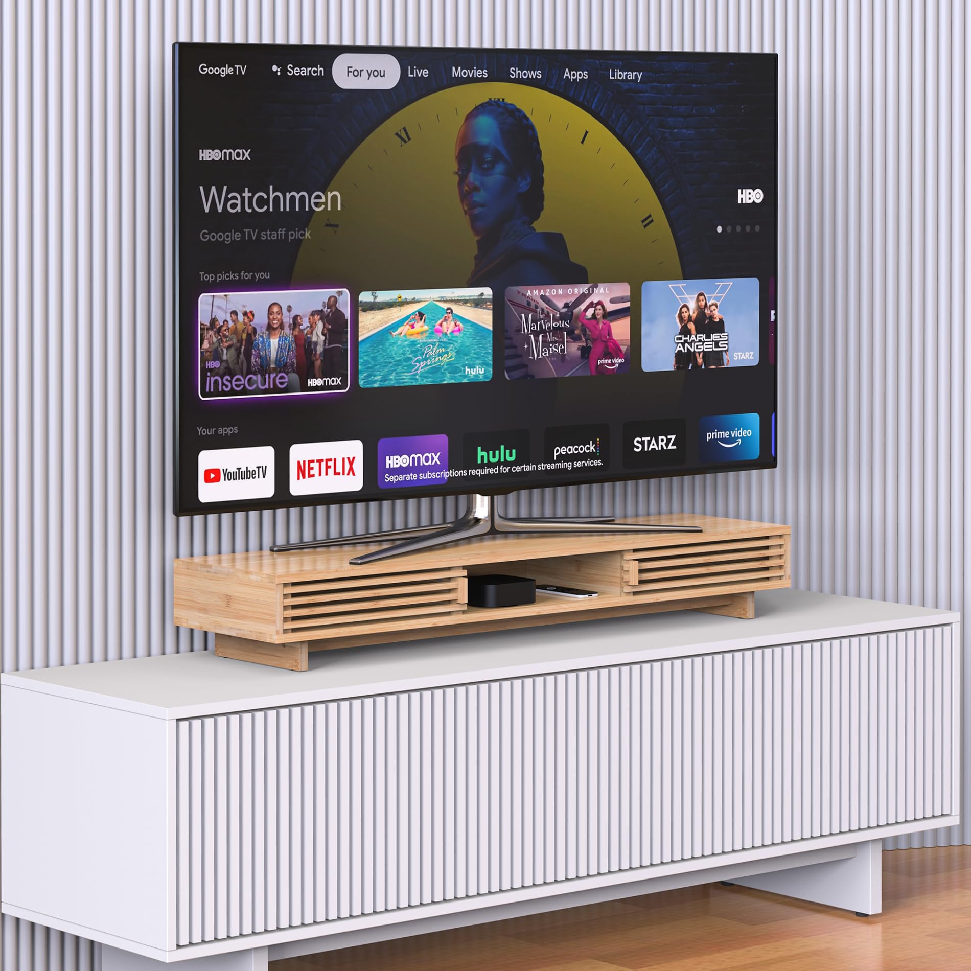 WELL WENG Dual Monitorständer Riser aus Holz für Monitor Bambus 96.7cm | Bildschirmerhöhung 2 monitore mit Schiebetüren im Gitter-Design Schreibtisch-Regal-Organizer mit Ordnungssystem