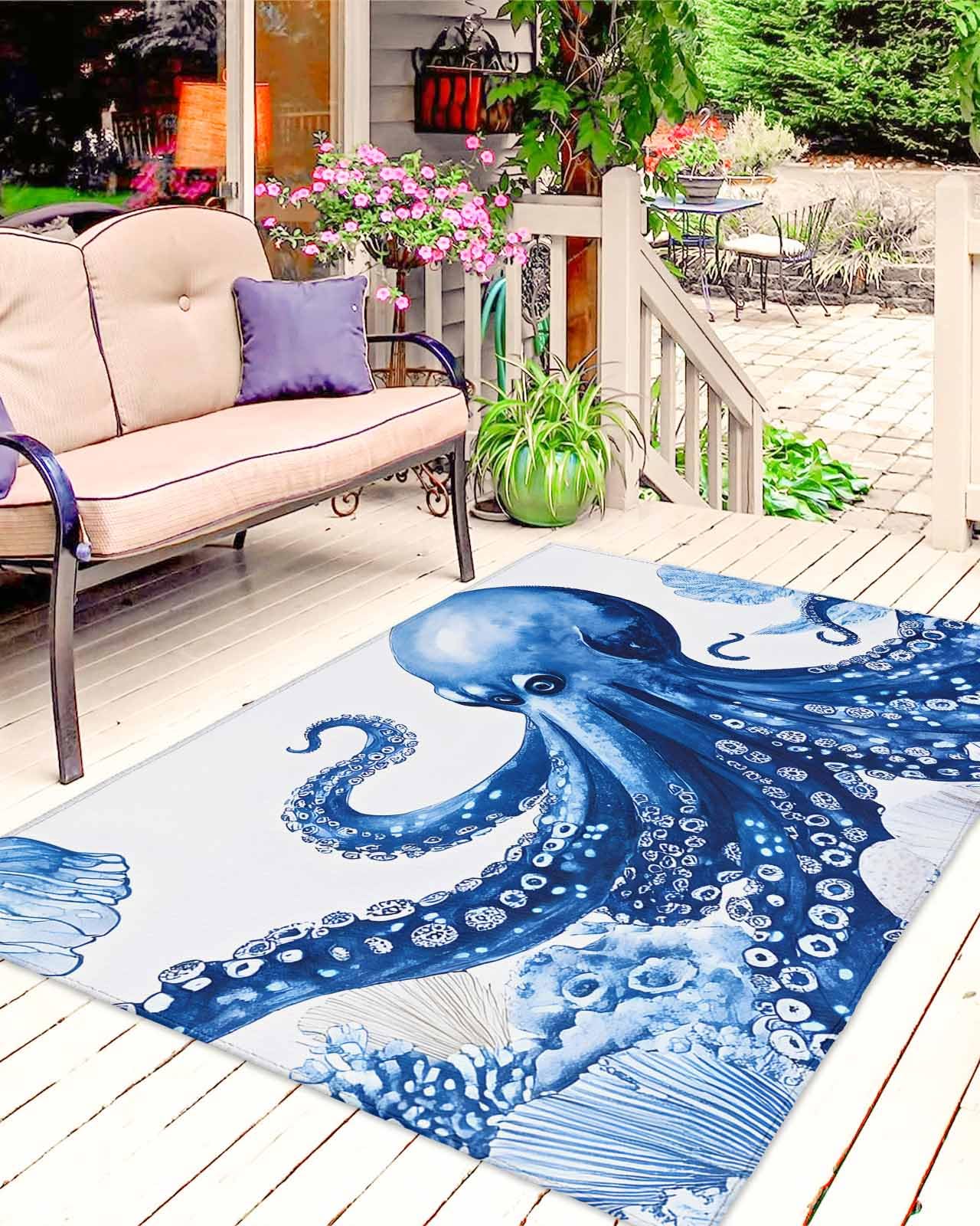 Amazon.com: ERUNPONLY Blue Octopus Coastal Outdoor Rug 5x8 Ft for