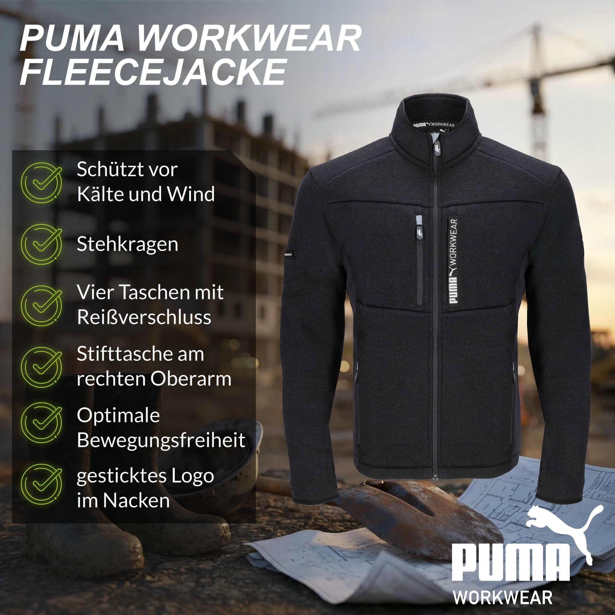 PUMA Veste polaire Workwear pour homme - Col montant - Dos allongé - Poche pour stylo sur le bras droit - 6 poches - Deux poches poitrine et latérales - Deux grandes poches intérieures