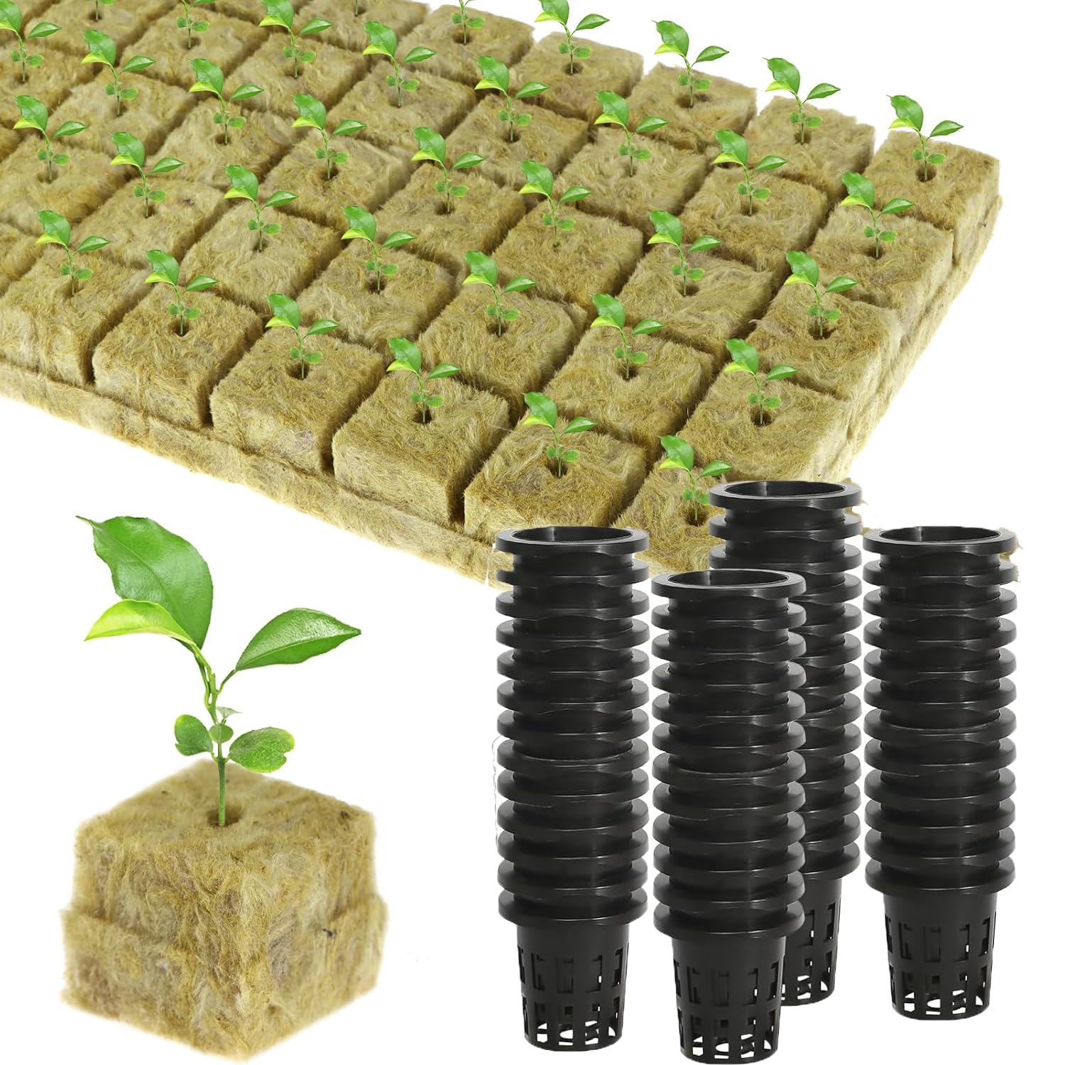 Lansls 50 Pieces Rock Wool Cube with Mesh Pots, Rockwool Grow Cubes, Hydroponic Rock Wool, Garden Blocks Soilless Cultivation Cubes for Cutting, Transplanting, Cloning