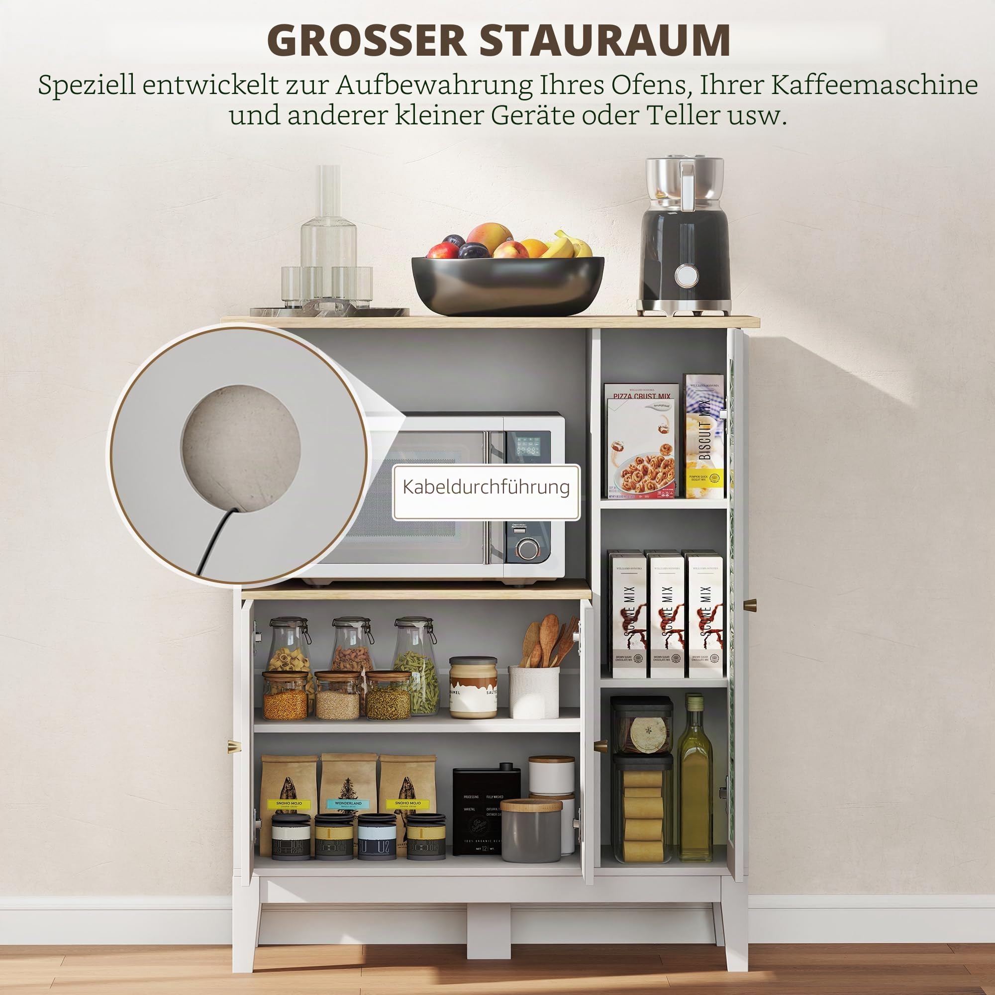 HOMCOM Mikrowellenmöbel, Küchenschrank, Sideboard, mit 1 Nische 3 Türen, Kabeldurchlass, für Küche, Esszimmer, Wohnzimmer, 80 x 35 x 97 cm, gehärtetes Glas, weiß und Holzoptik