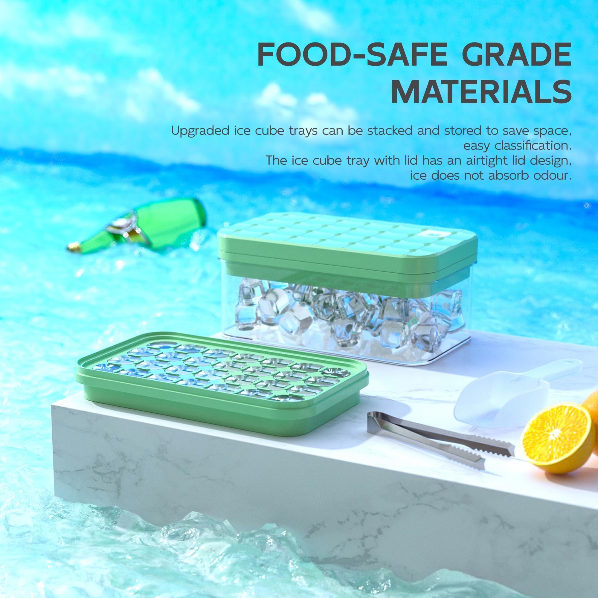 Stampo Ghiaccio con Coperchio e Contenitore, Vassoio per Cubetti di Ghiaccio Senza BPA a Doppio Strato con Pala, Silicone Facile Rilasciare 56 Pezzi Cubetti di Ghiaccio per Bevande (Verde)