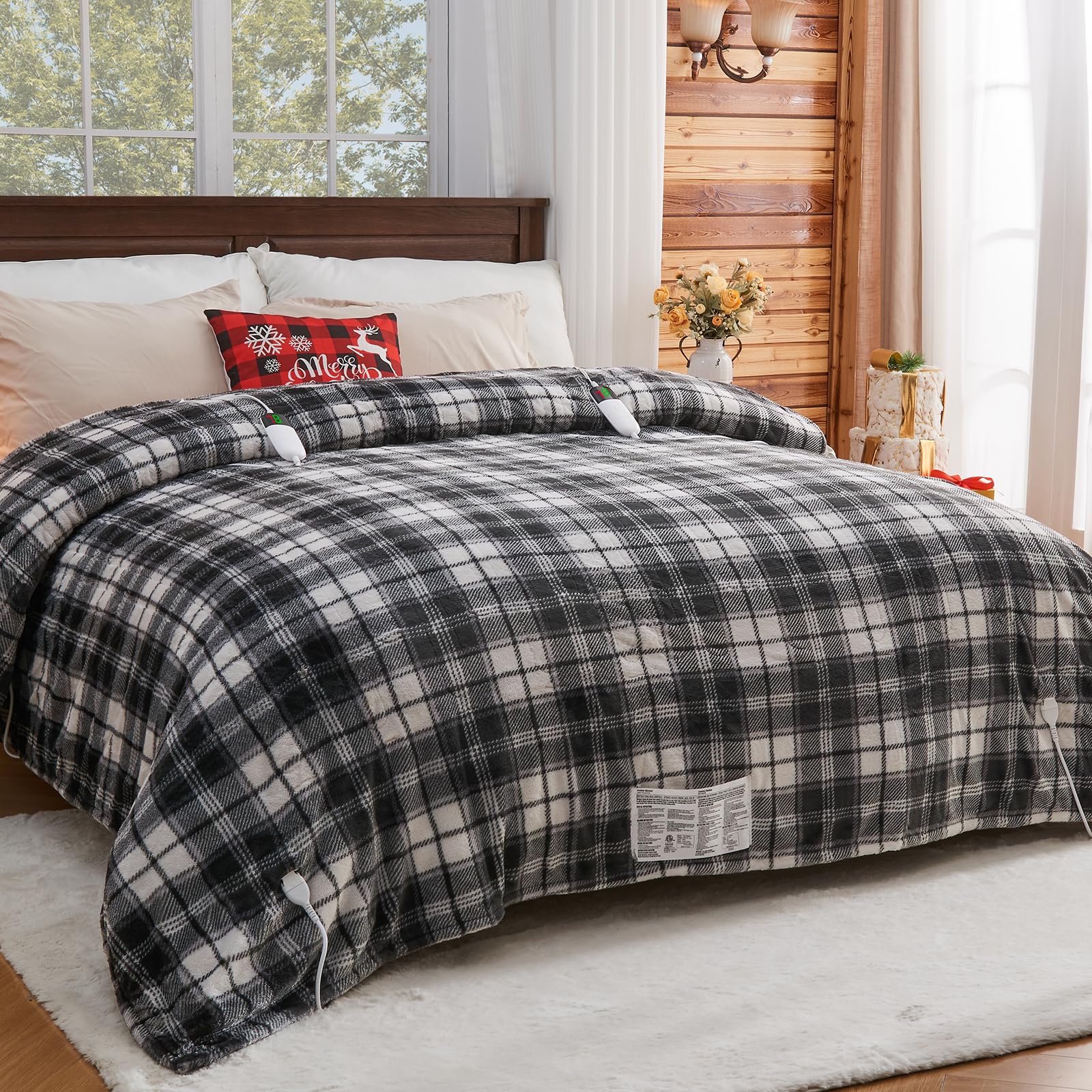 OCTROT Black Electric Heated Blanket King Size, 90X100 Black Blanket with Dual Control&10 Heats Levels&Timer for Bed,Large Plaid Sherpa Heating Blankets Warmer Gifts for Grandma Women Adults,Washable