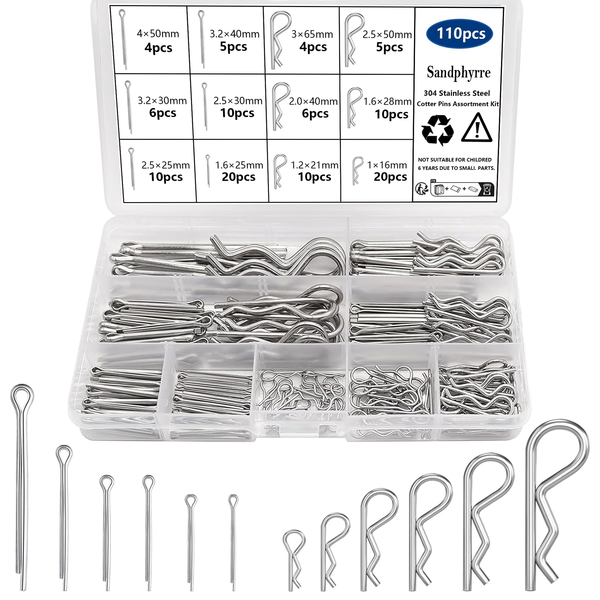 Sandphyrre Cotter Pins Assortment Kit, 304 Stainless Steel 12 Sizes R Clips and Split Pins, Spring clips for Hitch Pin Lock Systems