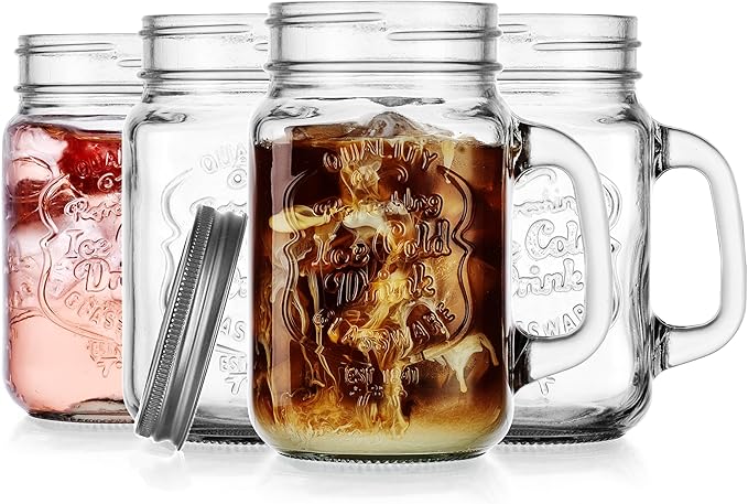 Glaver's Mason Drinking Jars – Set of 4, 15.25 Oz Clear Glass Jar with Handle and Lid. – Ice-Cold Drink Glassware Logo – Glass Mugs Ideal for Cold Beverages, Juice, Smoothie, Cocktails.
