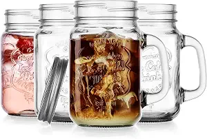Glaver's Mason Drinking Jars – Set of 4, 15.25 Oz Clear Glass Jars with Handles and Lids