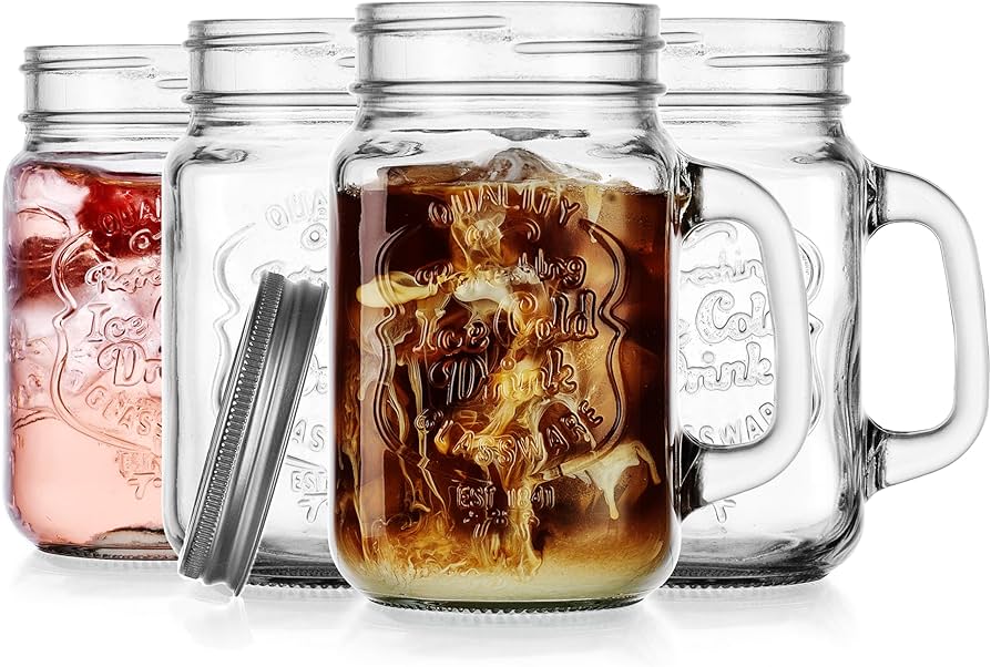 Amazon.com: Glaver's Mason Drinking Jars  Set of 4, 15.25 Oz Clear Glass  Jar with Handle and Lid.  Ice-Cold Drink Glassware Logo  Glass Mugs Ideal  for Cold Beverages, Juice, Smoothie,