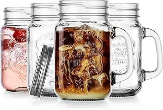 Glaver's Mason Drinking Jars – Set of 4, 15.25 Oz Clear Glass Jar with Handle and Lid. – Ice-Cold Drink Glassware Logo – Glass Mugs Ideal for Cold Beverages, Juice, Smoothie, Cocktails.