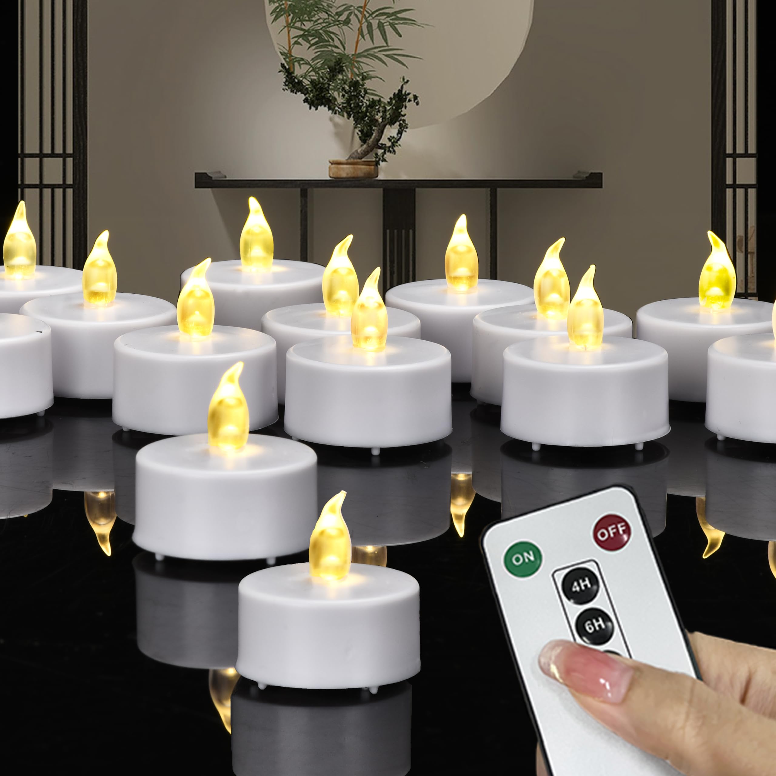 Battery Operated Led Tea Lights Candles with Remote Control, Flickering Flameless Candles with Timer, Long Lasting 400+ Hours Electric Candles for Home Decor, Wedding, Halloween (Warm Yellow, 50 Pack)