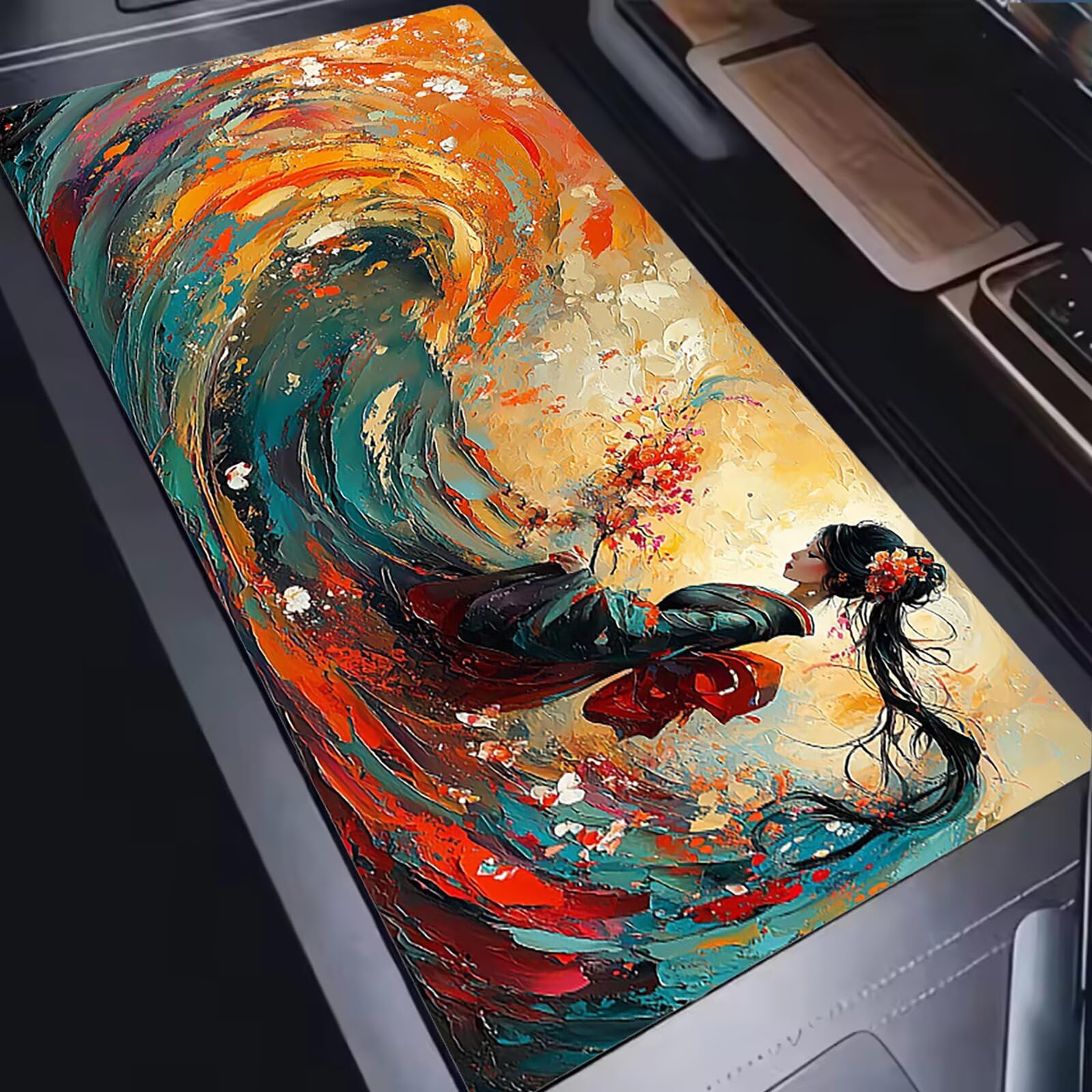 Podkładka pod mysz 1200 x 600 mm Podkładka pod mysz dla graczy, bardzo cienka podkładka na biurko antypoślizgowa gumowa podstawa zmywalna ulepszona prędkość dla PC, komputera, pracy - japońska gejsza