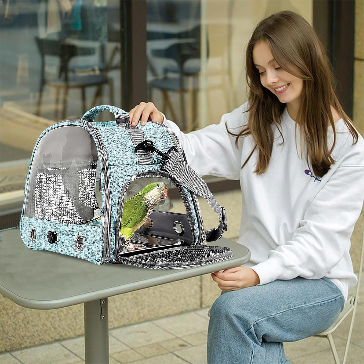 Jaula De Viaje para Pájaros con Percha Y Bandeja, Bolsa De Transporte para Pájaros, Transportador Portátil para, Bolsa De Viaje para Loros, para Periquitos y Loros Pequeños, Azul