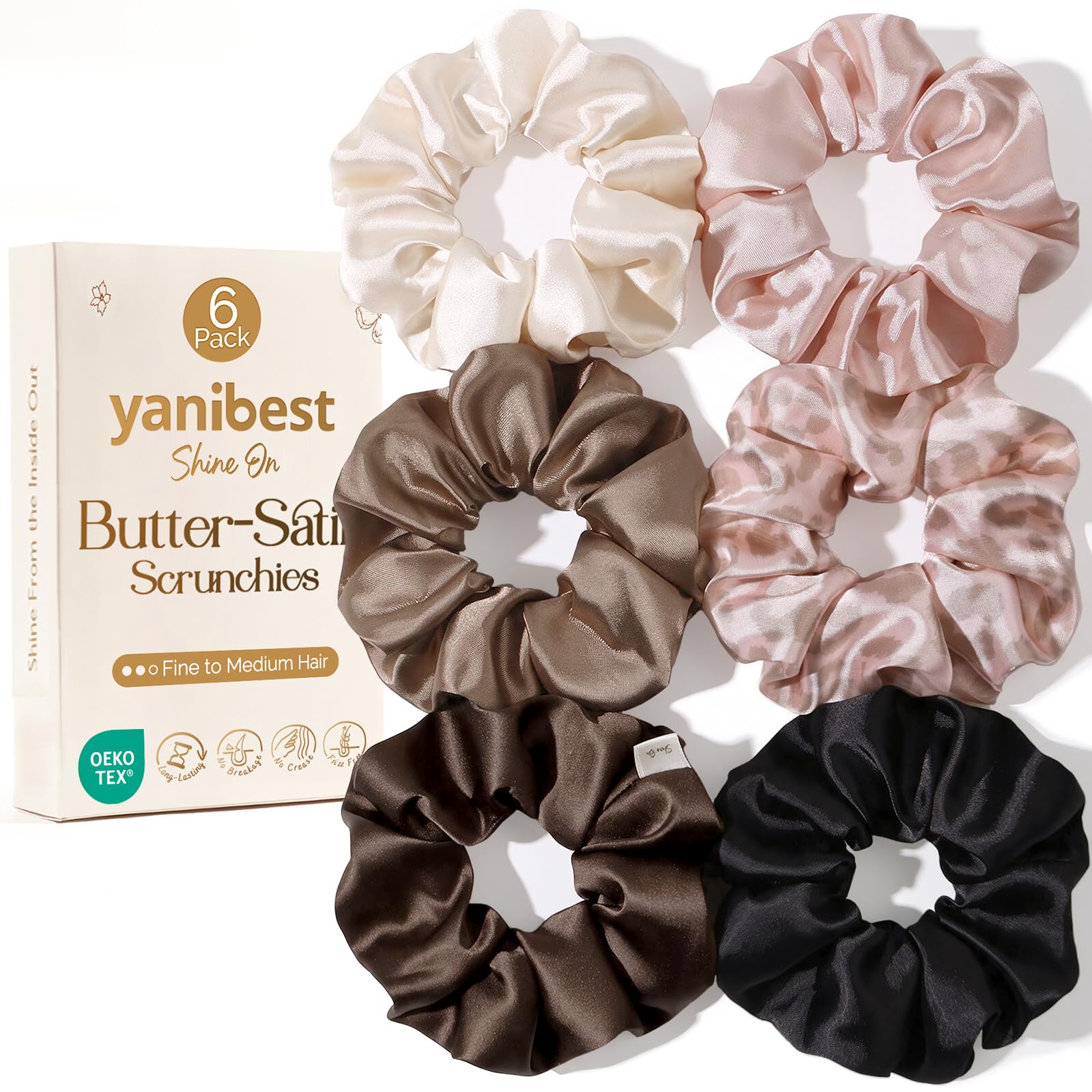 YANIBEST 6 Pcs Satin Scrunchies, Soft Hair Ties for Women and Girls OEKO-TEX STANDARD 100