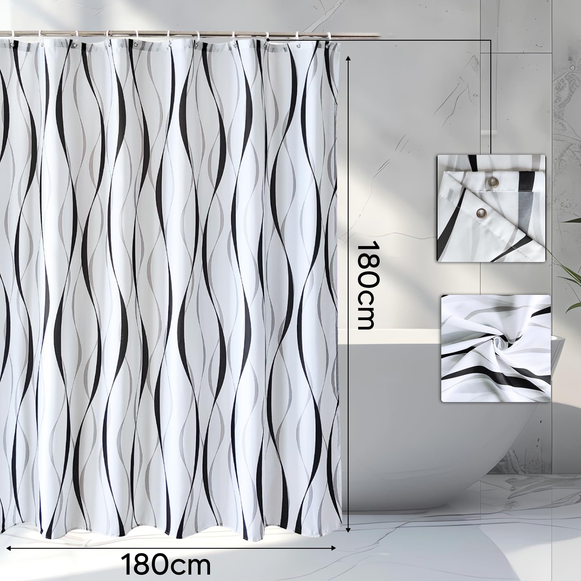 WedDecor Bathroom Shower Curtain Waterproof Anti Mould Mildew Resistant - Image 2