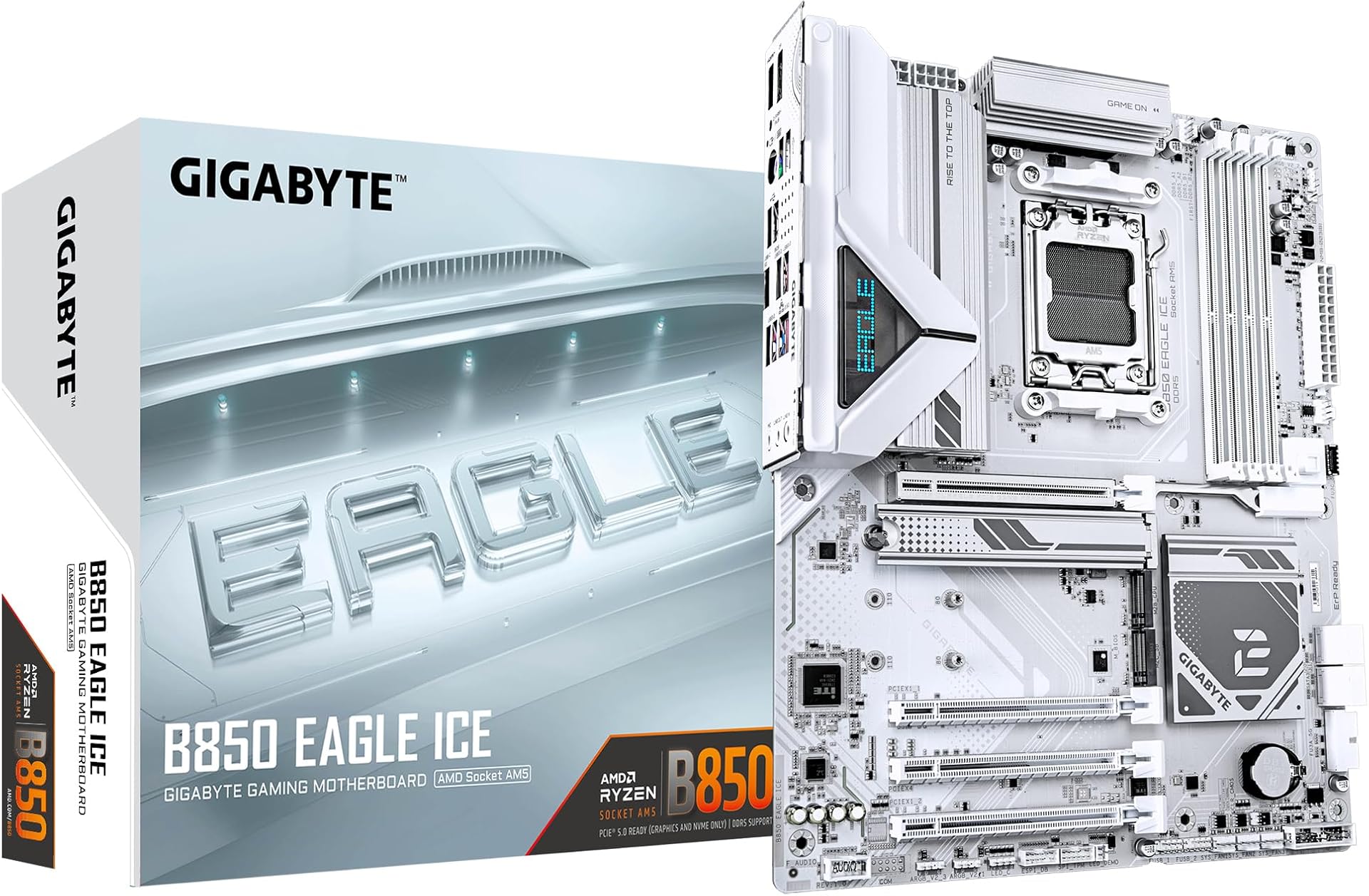 GIGABYTE B850 EAGLE ICE Motherboard - AMD Ryzen 9000 Series CPUs, 8+2+2 Phases Digital VRM, up to 8200MHz DDR5 (O.C), 1xPCIe 5.0 + 2xPCIe 4.0 M.2, 2.5 GbE LAN, USB 3.2 Gen 2