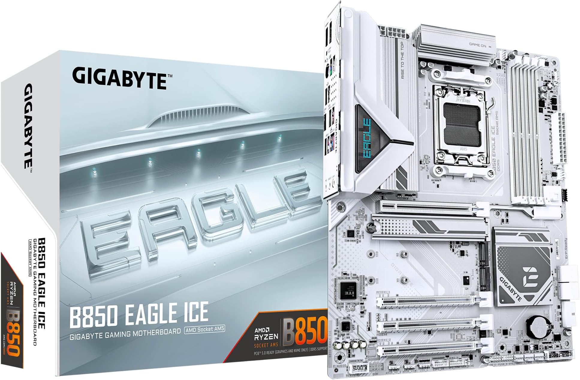 GIGABYTE B850 EAGLE ICE Motherboard - AMD Ryzen 9000 Series CPUs, 8+2+2 Phases Digital VRM, up to 8200MHz DDR5 (O.C), 1xPCIe 5.0 + 2xPCIe 4.0 M.2, 2.5 GbE LAN, USB 3.2 Gen 2