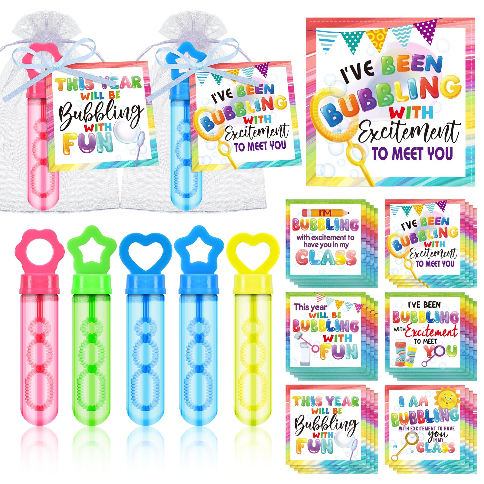 Rotatingpals 24 Set Back to School Gifts for Students Include 24 Pcs 5.1'' x 1.3'' Bubble Wands with Bubble Solution 24 Welcome Card 24 Pcs Drawstring Bags for Classroom Party