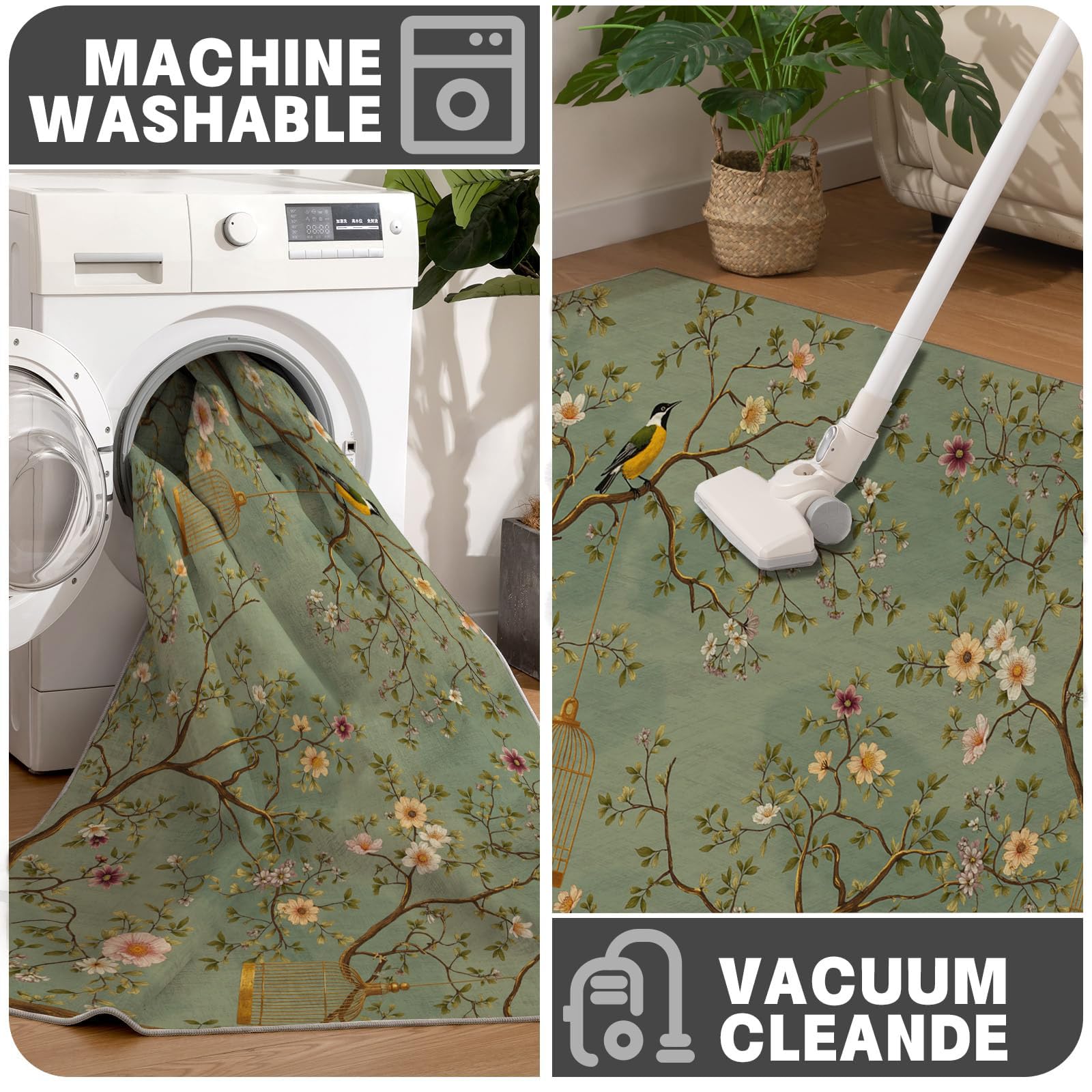 Tappeto Rotondo Stile retrò cinese per Camera da Letto | Tappeto Circolare Uccelli e gabbie per fiori Lavabile per Pelo Corto, Antiscivolo, Morbido, Soggiorno, Camera da Letto 120cm
