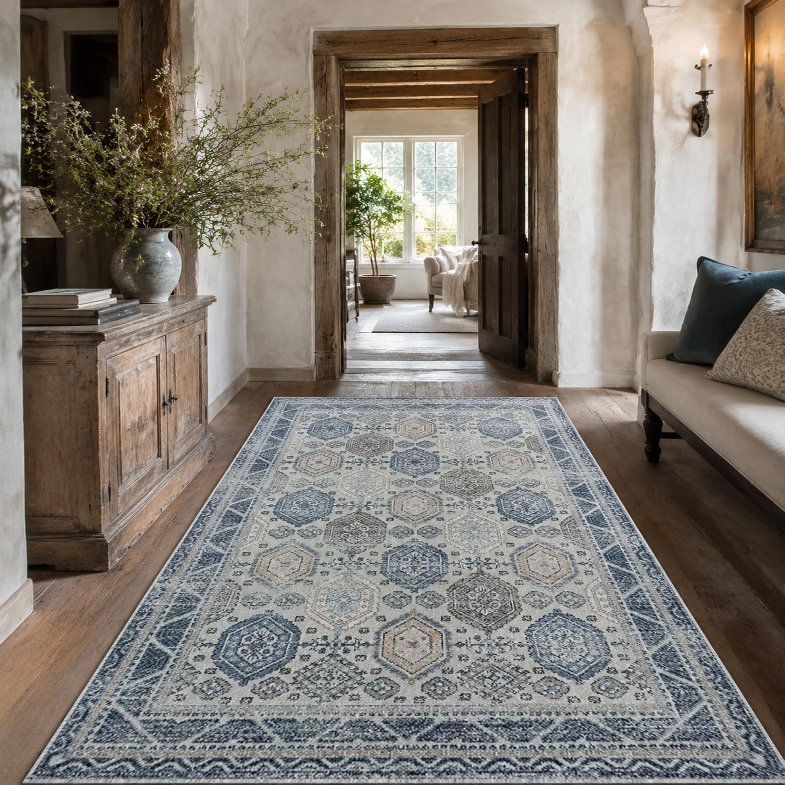 Moquette chambre adulte vintage bleu et beige 200x300 cm pour réchauffer le sol