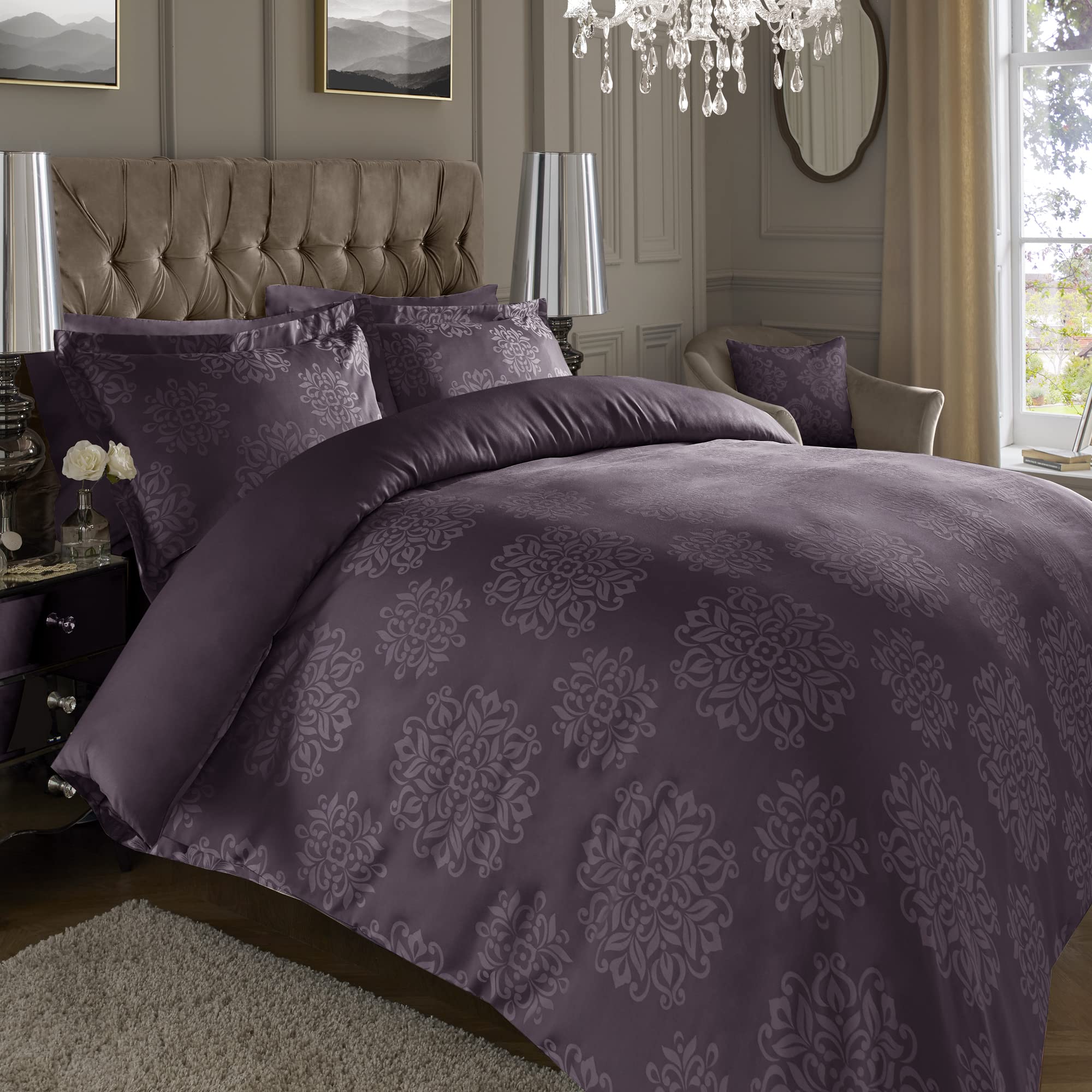 ED Luxury 600 Thread Count Jacquard Duvet Cover 3 Piece Set | Super Soft Cotton Rich & Warm Bedding | Damask Pattern Quilt Cover (Super King, Plum Ornamental)