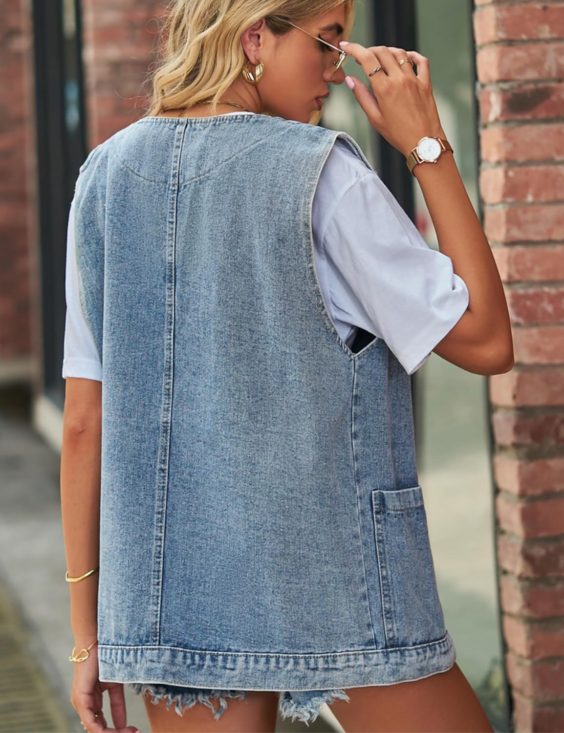 Women's Casual Denim Jean Vest Oversized Sleeveless Mid Long Button Down Jeans Jackets Vests Tops Waistcoat - Image 4