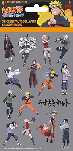 Naruto - Pegatinas estándar de 4 hojas de etiquetas adhesivas estándar, 4 hojas
