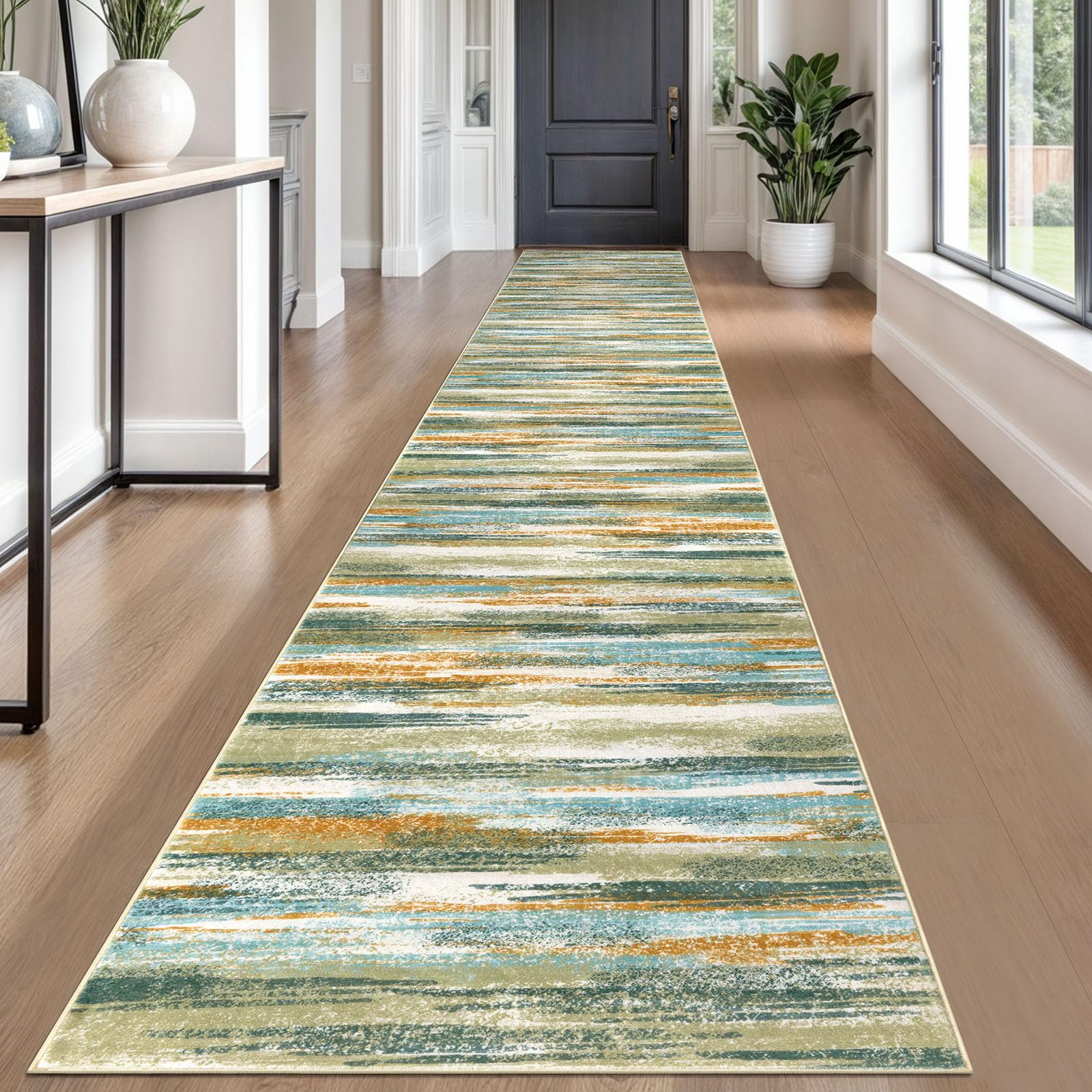 Lansny Modern Abstract Runner Rug 2.6x18, Green Mustard Multi Washable Long Kitchen Runner Non-Slip Soft Hallway Rug Runner Thin Print Faux Wool