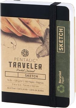 Pentalic 3 x 4 Pocket Sketchbook Traveler Journal, 160 Pages, Black