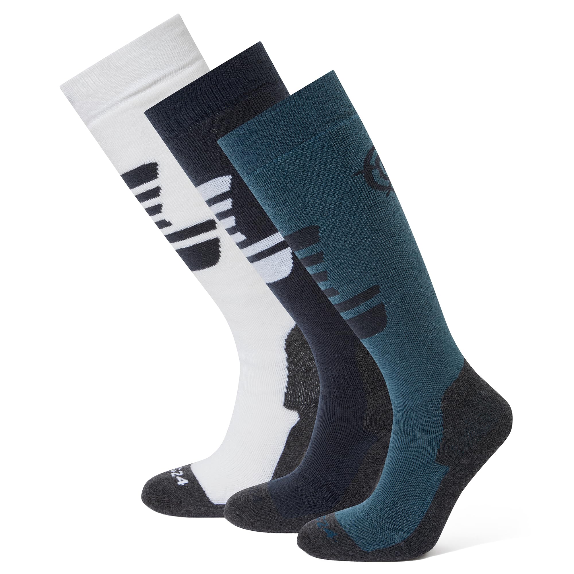 Tog24 Unisex Dark Indigo/Optic White/Jewel Blue Bergenz Ski Socks 3 Pack. Padded Ski Socks With Targeted Cushioning, Non-Slip Grip Cuffs, Re-Inforced Toe & Heel Plus Elastic Arch & Ankle Support. 3 Pack Mens Ski Socks. 3 Pack Womens Ski Socks