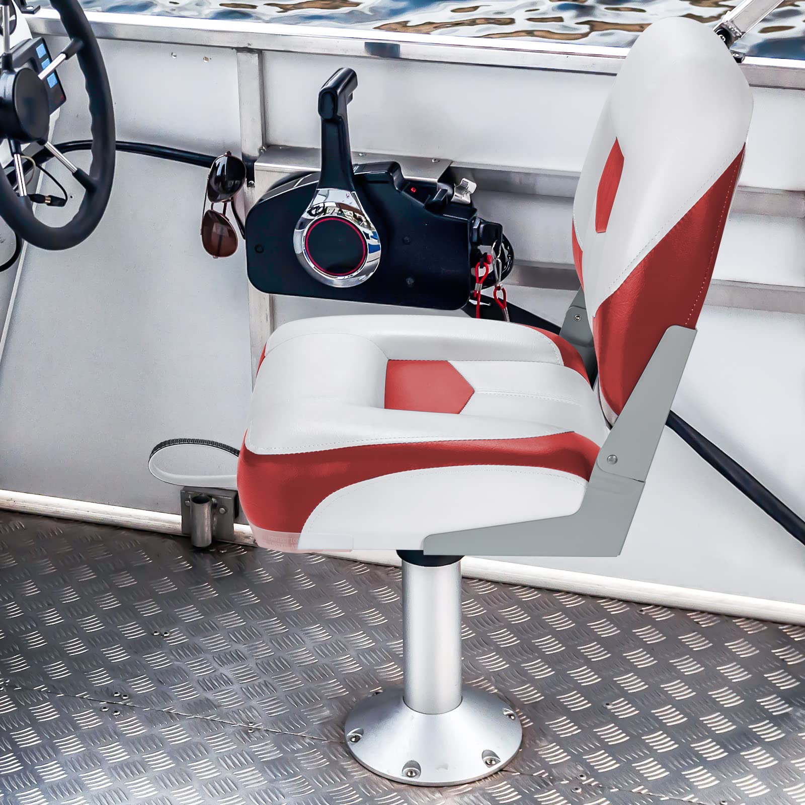 COSTWAY Sillas Plegables para Barco, 2 Asientos para Barco con Tira de Fijación Larga y Tornillos en Acero Inoxidable, Asiento Yate Ergonómicos con Espuma y Bisagras Metálicas (Blanco y Rojo)