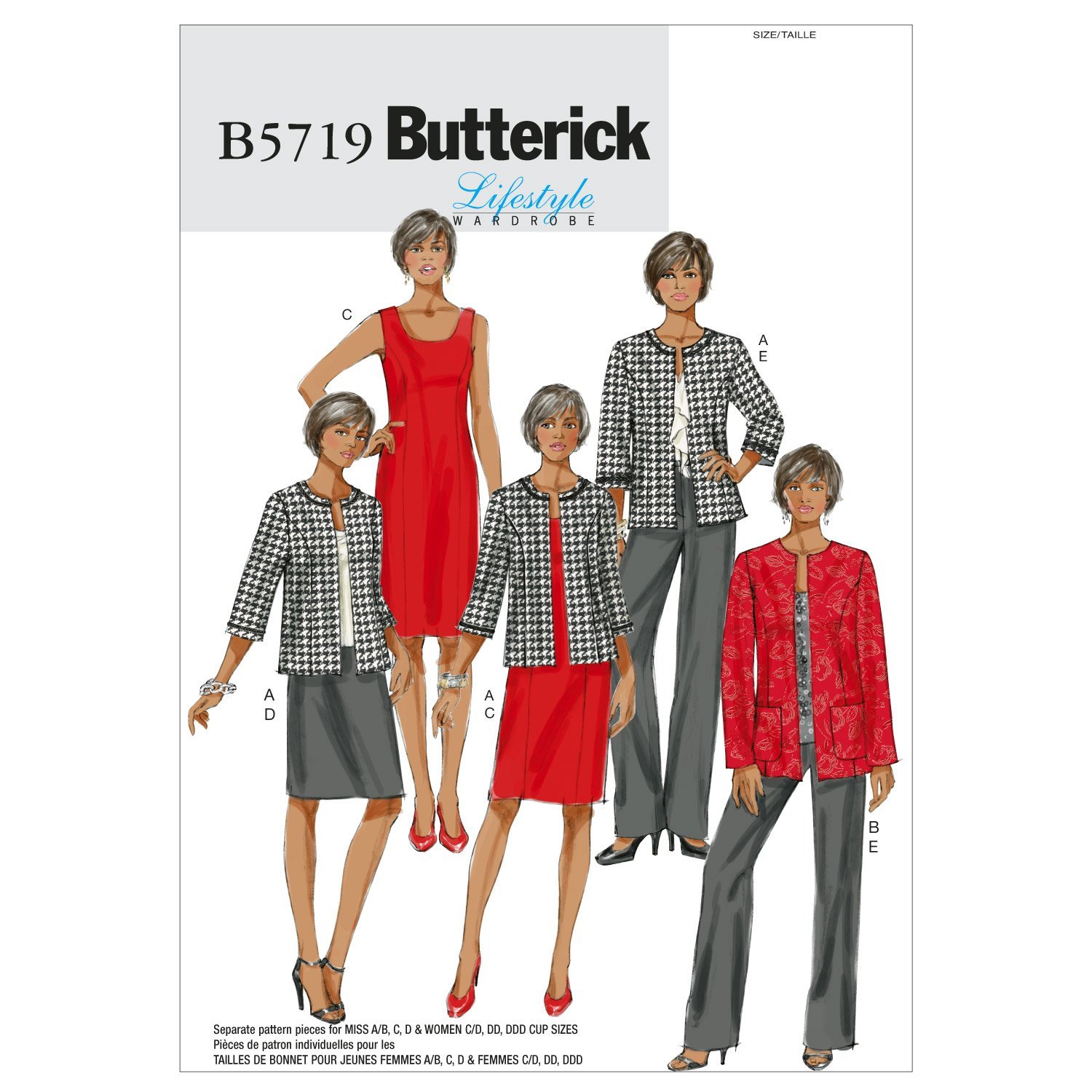 Butterick Patterns b5719 Taille B5 8–10–12–14–16 Tailles/​Femmes Veste, Robe, Jupe et Pantalon, Lot de 1, Blanc